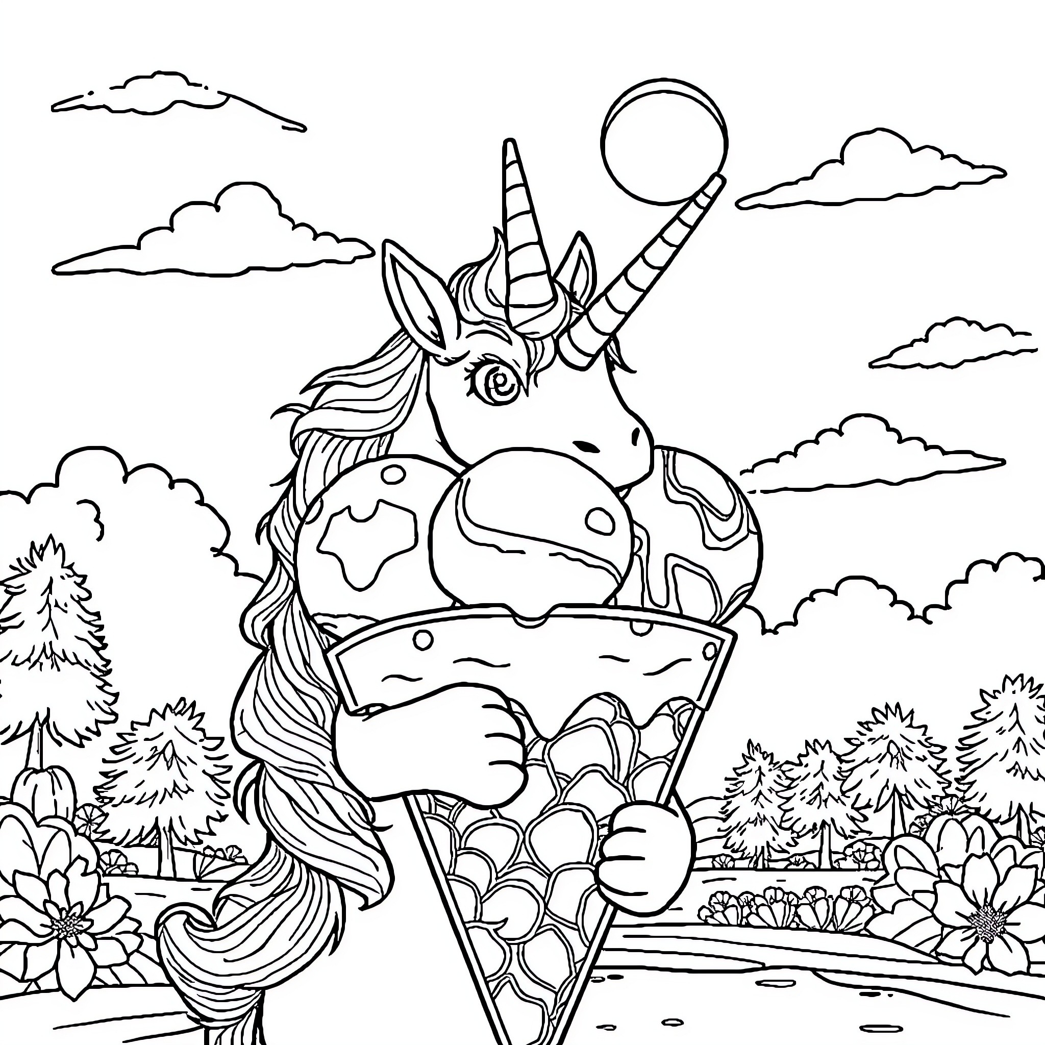 Unicorn Riding an Ice Cream Cone in a Whimsical Landscape Coloring Page (free black-and-white line drawing printable PDF for all, from beginners to advanced learners, including children, teens, adults, and seniors)
