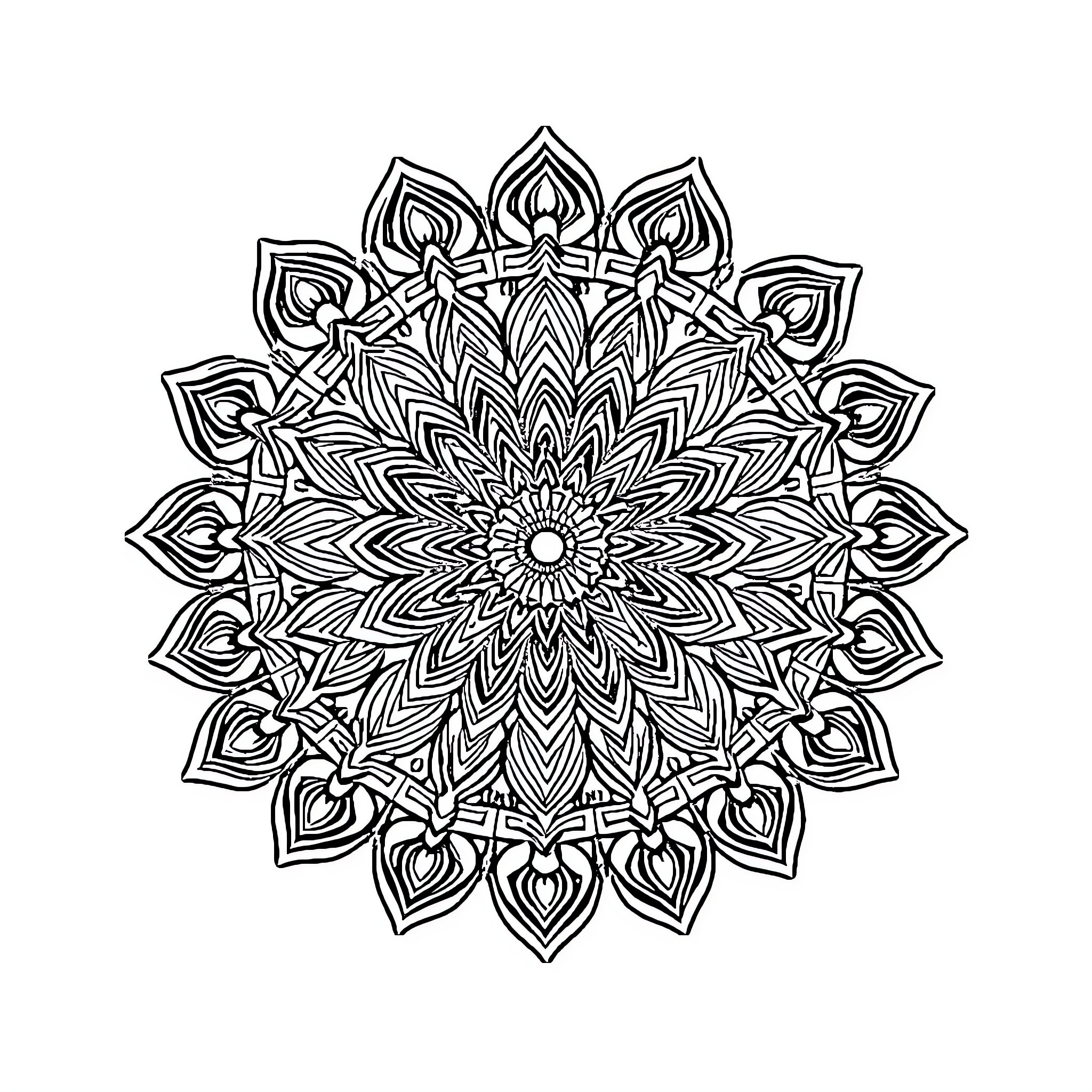 Mandala with intricate floral and symmetrical patterns Coloring Page (free black-and-white line drawing printable PDF for all, from beginners to advanced learners, including children, teens, adults, and seniors)