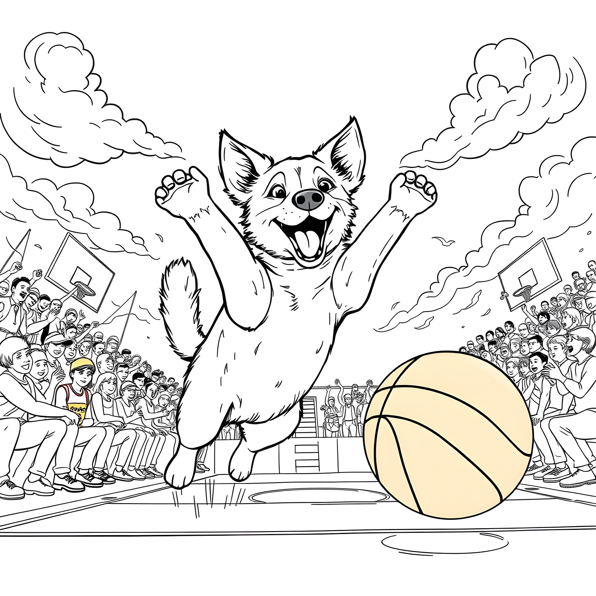 Dog Celebrating on Sports Court with Crowd Coloring Page (free black-and-white line drawing printable PDF for all, from beginners to advanced learners, including children, teens, adults, and seniors)