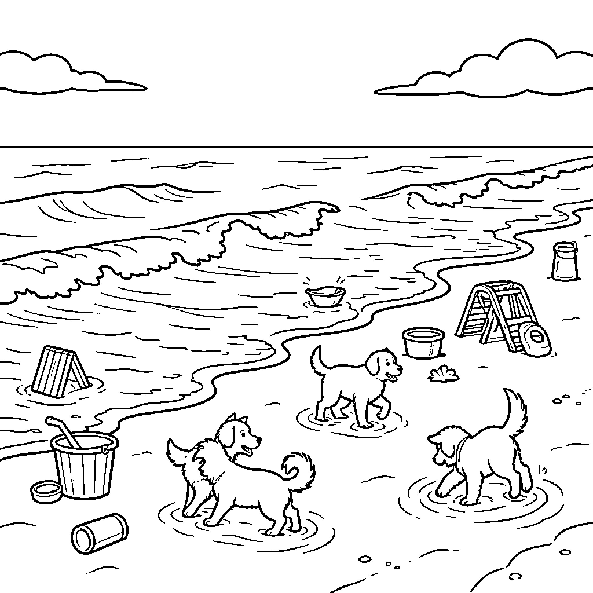 Beach scene with puppies playing in the sand Coloring Page (free black-and-white line drawing printable PDF for all, from beginners to advanced learners, including children, teens, adults, and seniors)