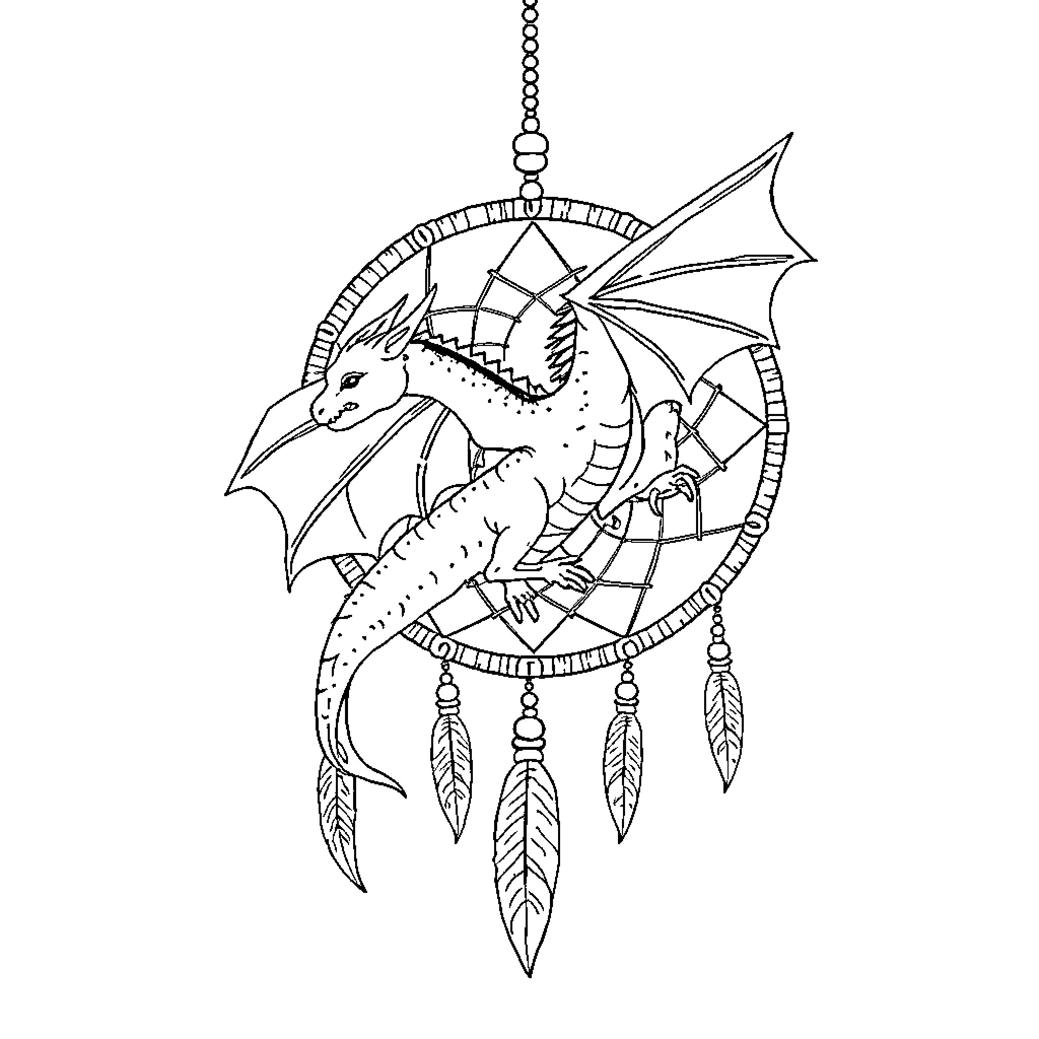 Dragon Dream Catcher with Feathers and Symbols Coloring Page (free black-and-white line drawing printable PDF for all, from beginners to advanced learners, including children, teens, adults, and seniors)