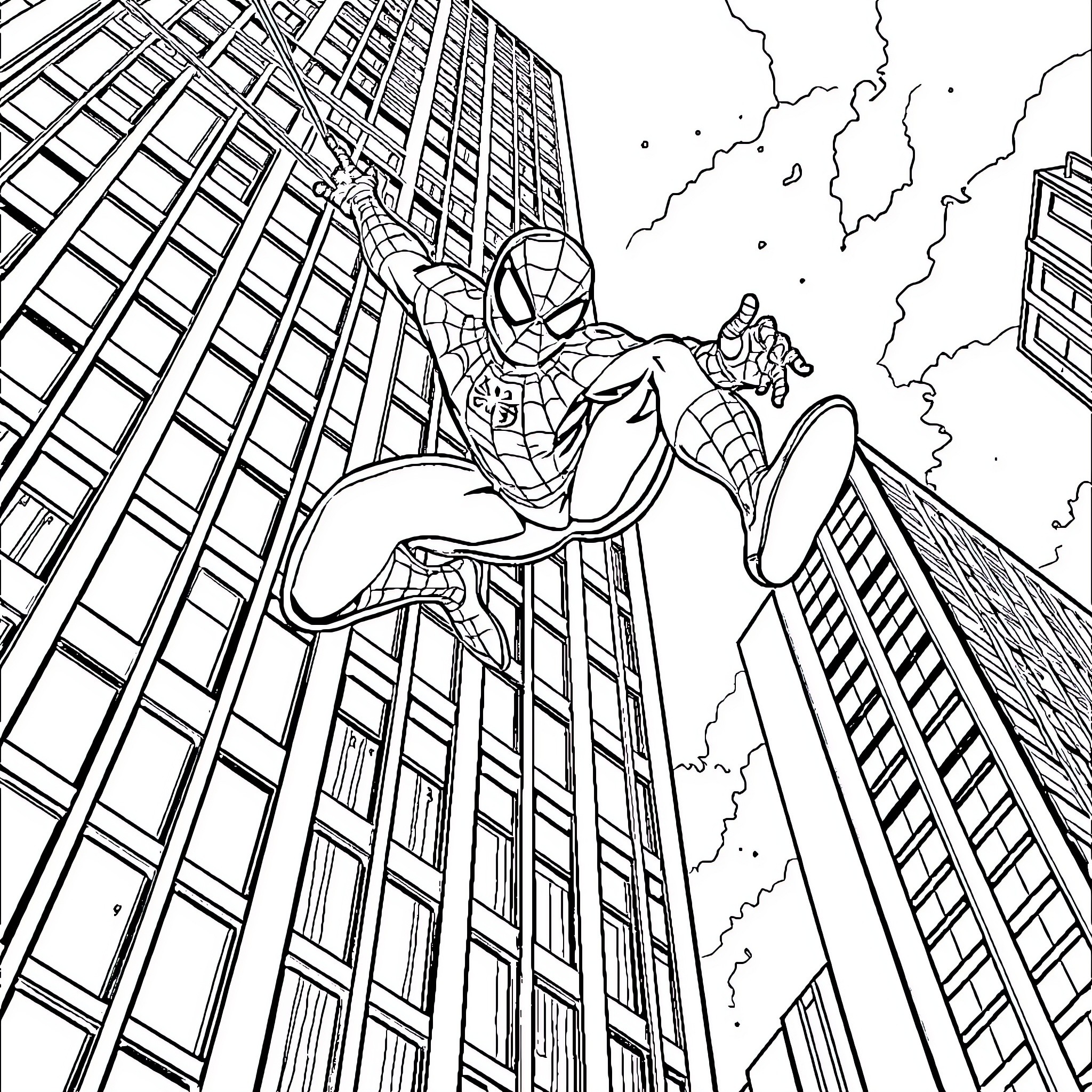 Spiderman swinging through the city skyline Coloring Page (free black-and-white line drawing printable PDF for all, from beginners to advanced learners, including children, teens, adults, and seniors)