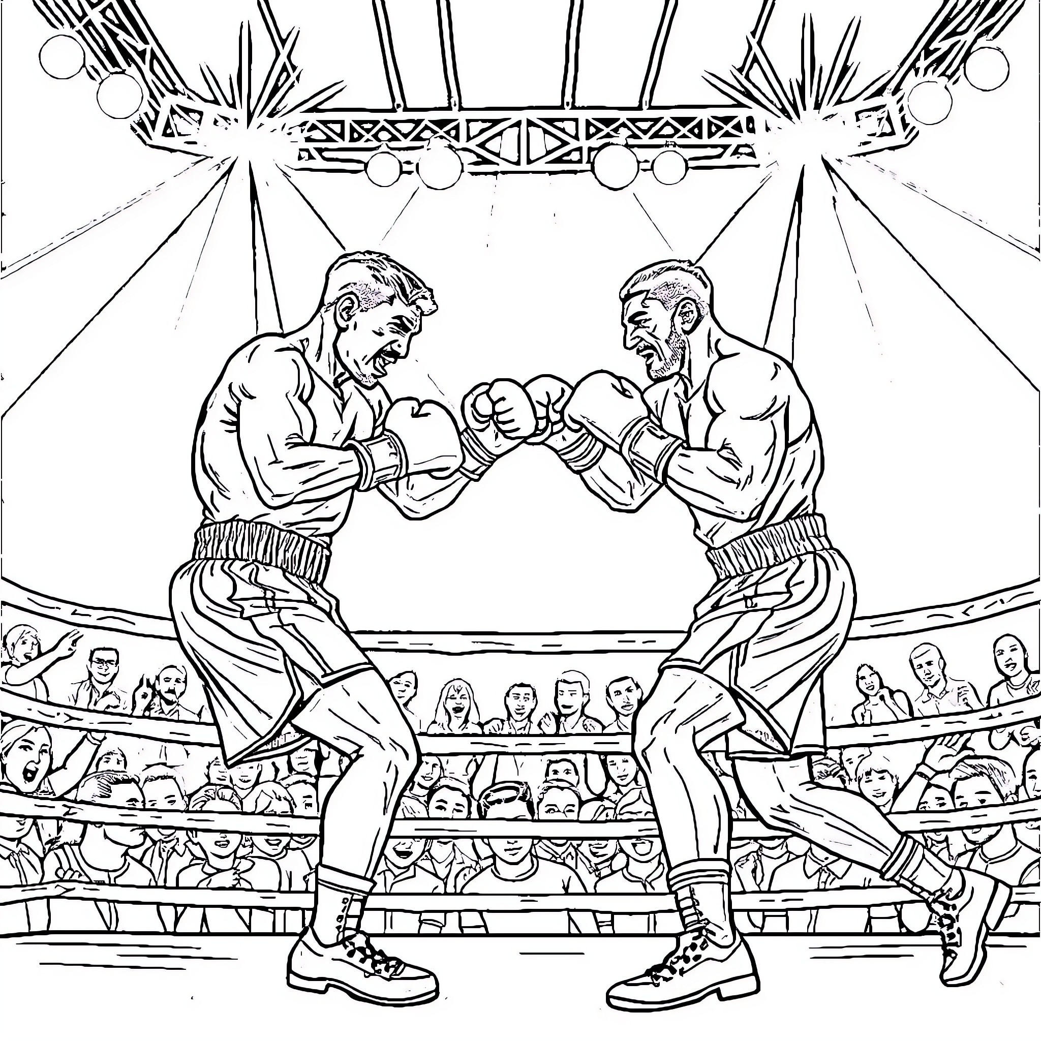 Franco Escamilla Boxing Match in the Ring Coloring Page (free black-and-white line drawing printable PDF for all, from beginners to advanced learners, including children, teens, adults, and seniors)