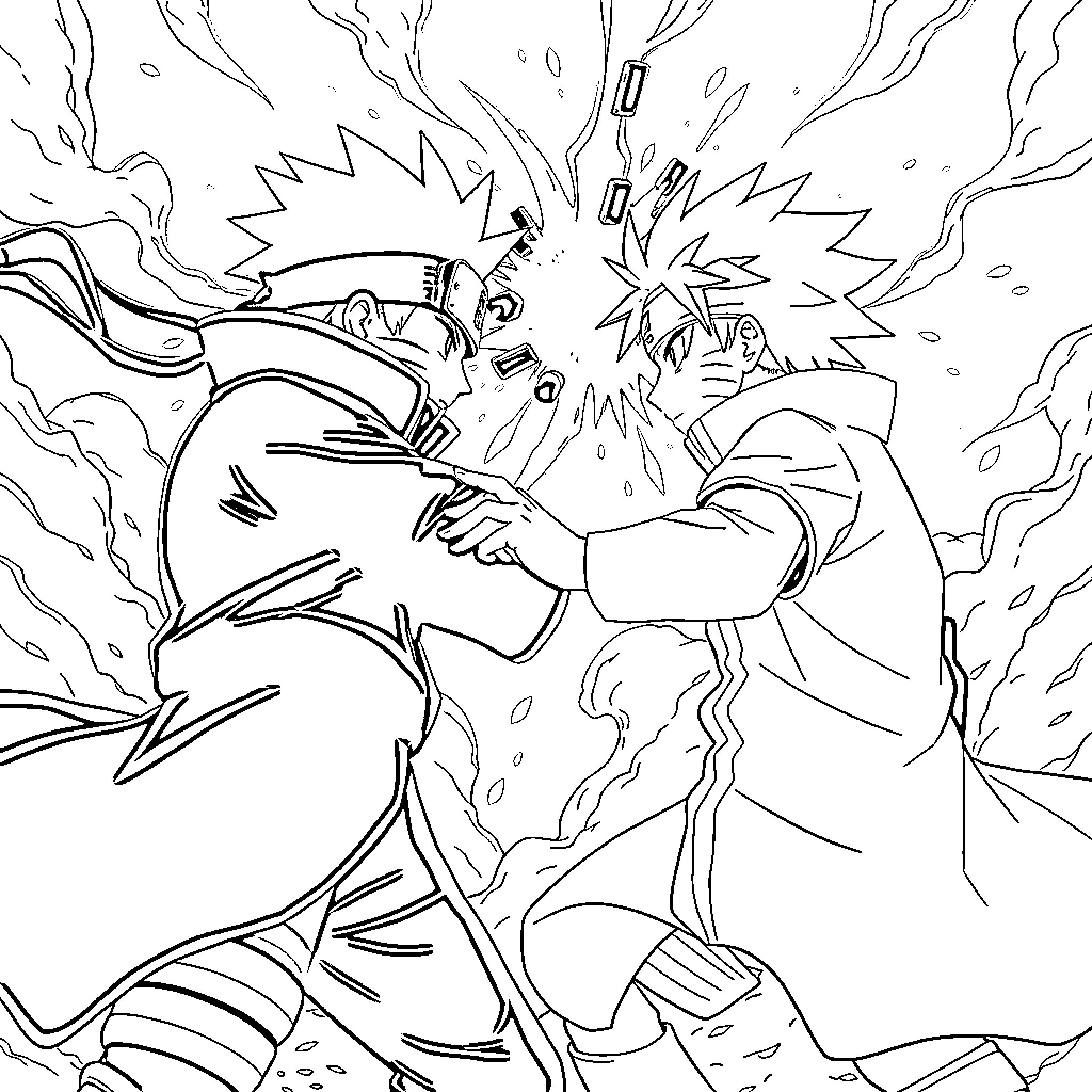 Naruto characters in intense battle with energy attacks Coloring Page (free black-and-white line drawing printable PDF for all, from beginners to advanced learners, including children, teens, adults, and seniors)