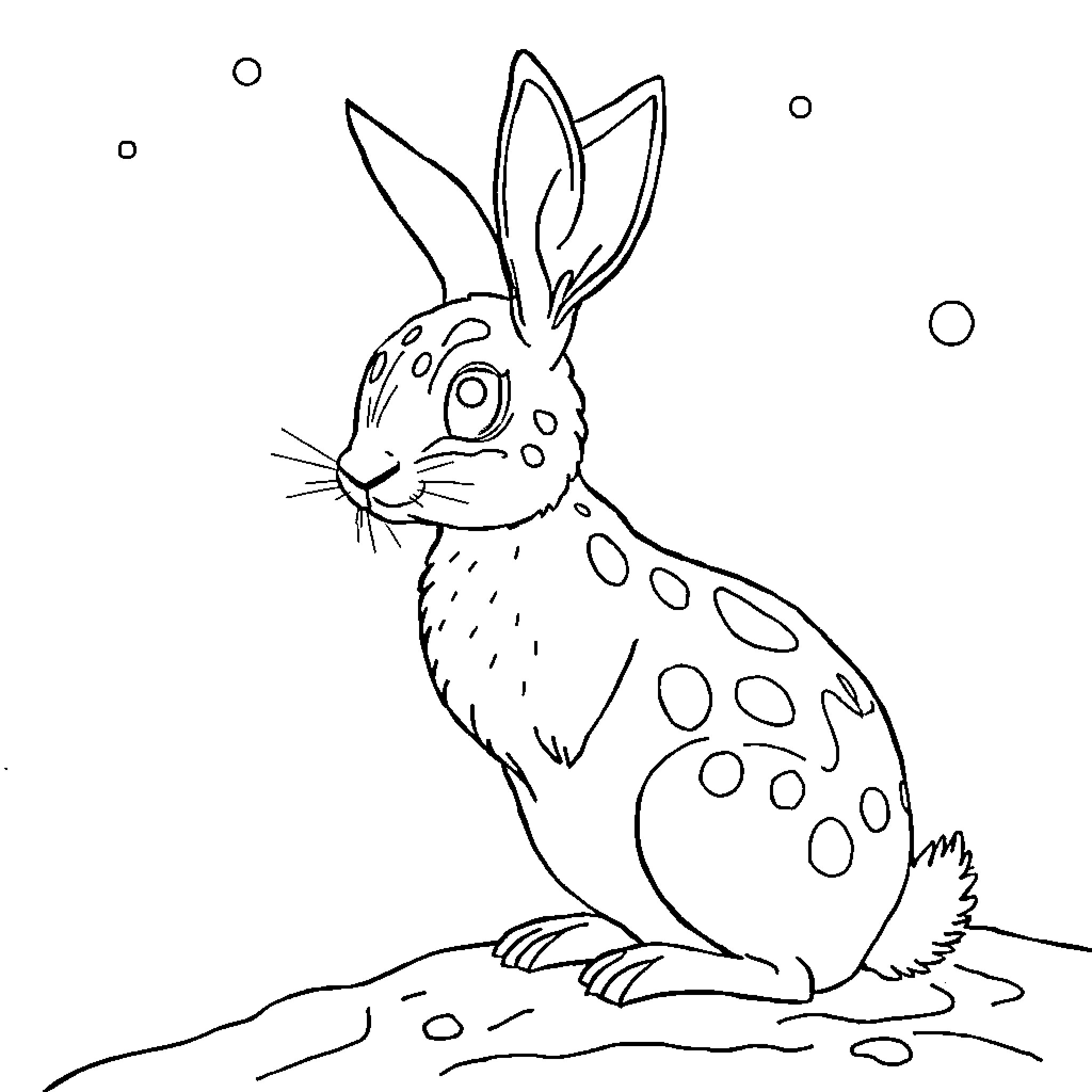 Rana's Spotted Rabbit in Snowy Scene Coloring Page (free black-and-white line drawing printable PDF for all, from beginners to advanced learners, including children, teens, adults, and seniors)
