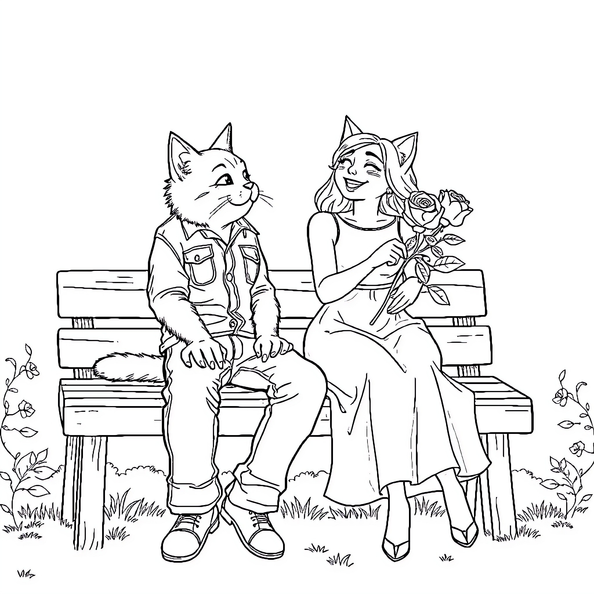 Cat couple relaxing on a park bench Coloring Page (free black-and-white line drawing printable PDF for all, from beginners to advanced learners, including children, teens, adults, and seniors)