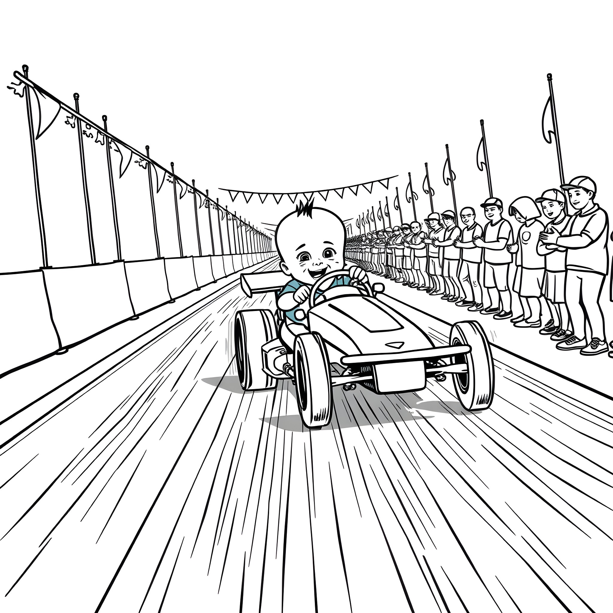 Baby driving fast car on racetrack with cheering audience Coloring Page (free black-and-white line drawing printable PDF for all, from beginners to advanced learners, including children, teens, adults, and seniors)