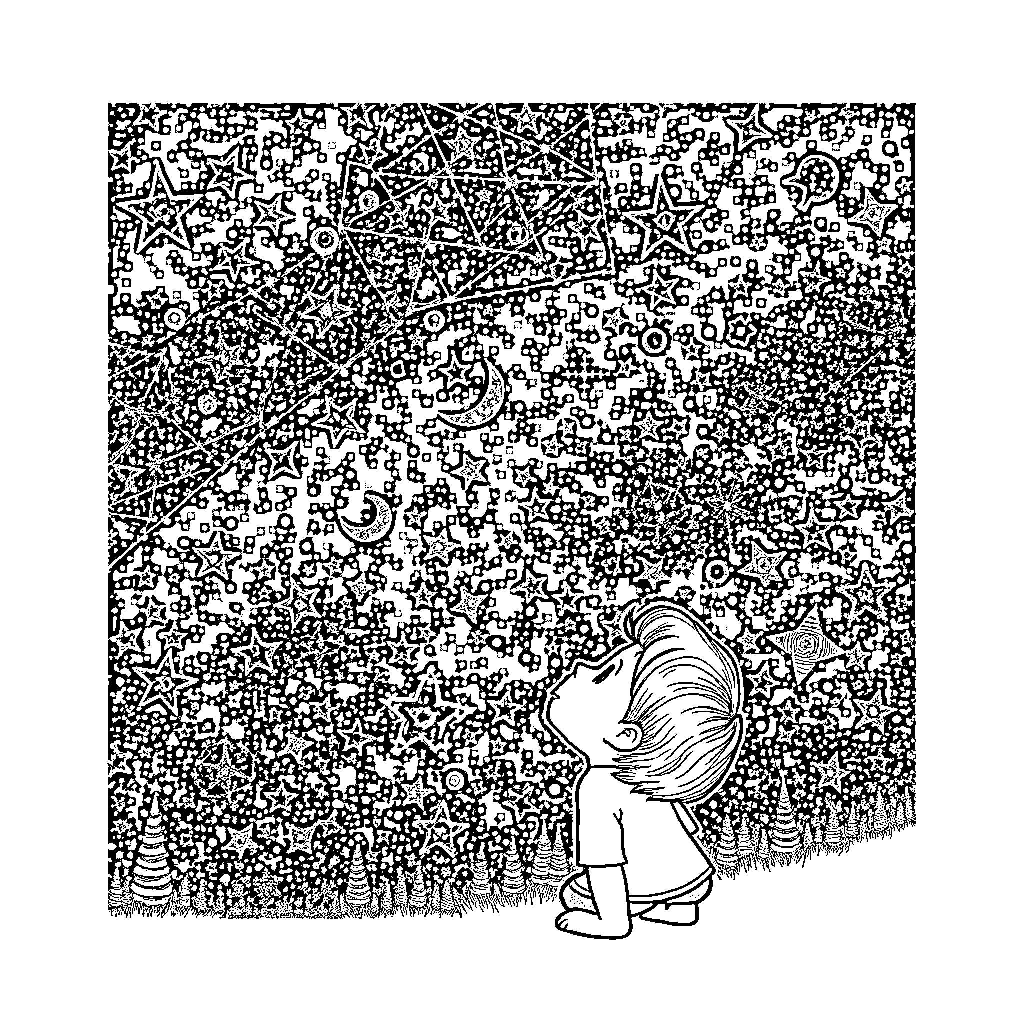 Child gazing at the starry night sky Coloring Page (free black-and-white line drawing printable PDF for all, from beginners to advanced learners, including children, teens, adults, and seniors)