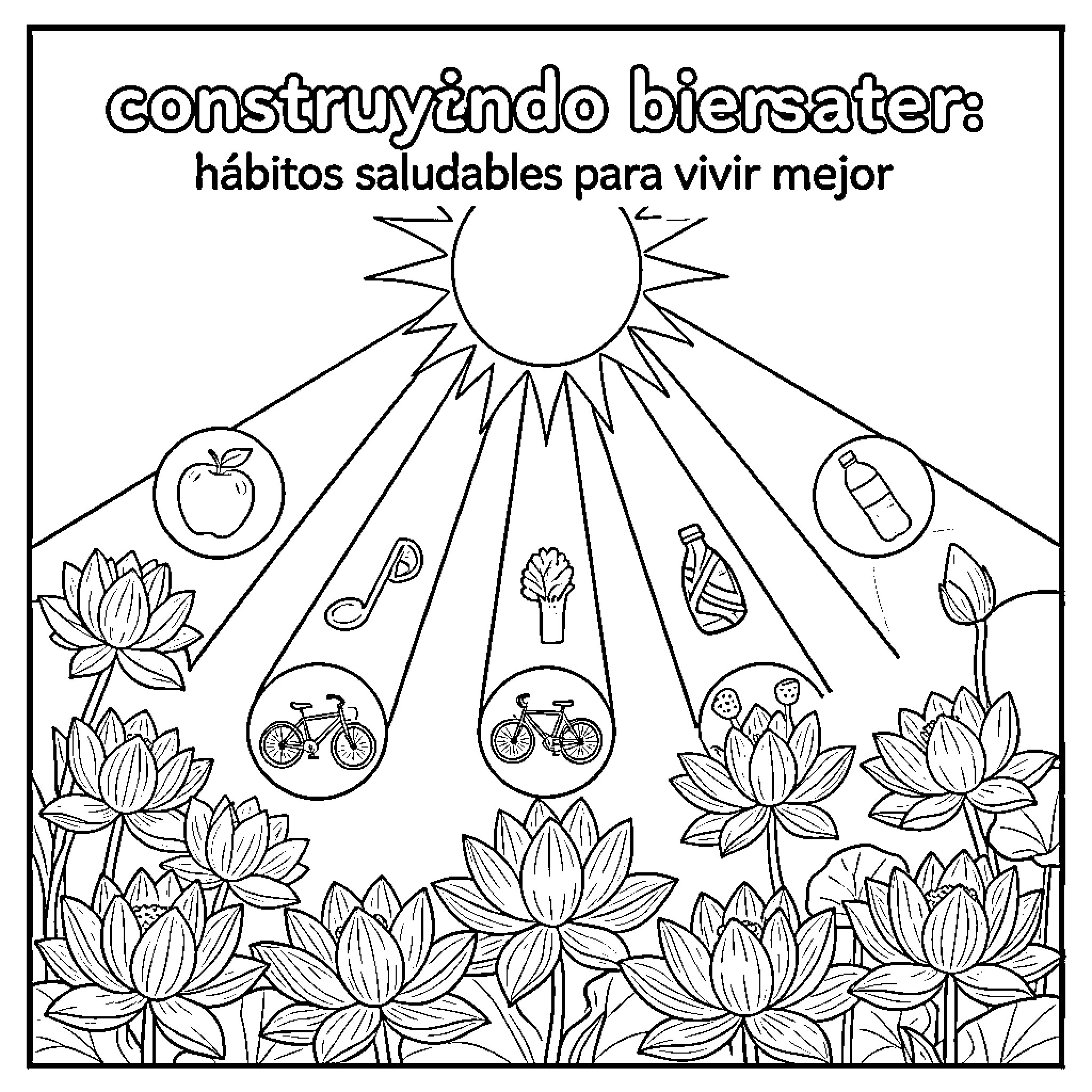 Sun shining on healthy habits for living better Coloring Page (free black-and-white line drawing printable PDF for all, from beginners to advanced learners, including children, teens, adults, and seniors)