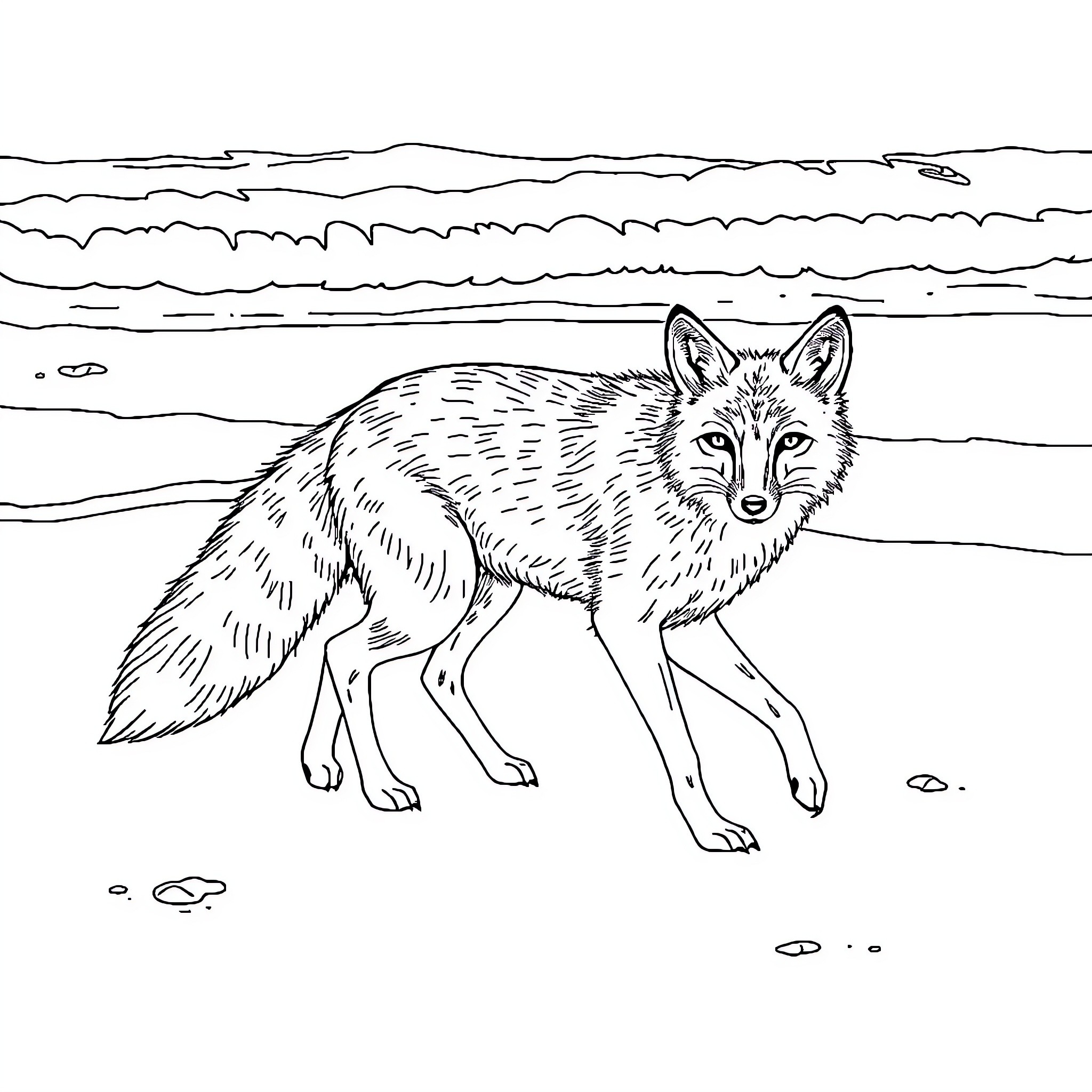 Fox exploring the snowy landscape Coloring Page (free black-and-white line drawing printable PDF for all, from beginners to advanced learners, including children, teens, adults, and seniors)
