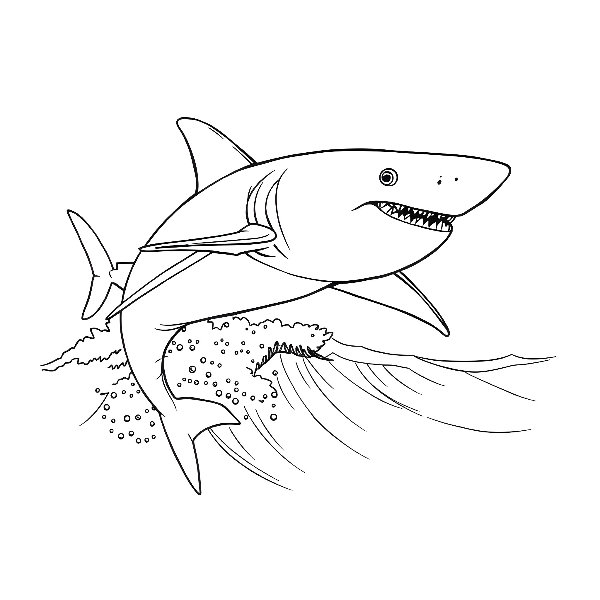 Shark swimming aggressively through the ocean Coloring Page (free black-and-white line drawing printable PDF for all, from beginners to advanced learners, including children, teens, adults, and seniors)