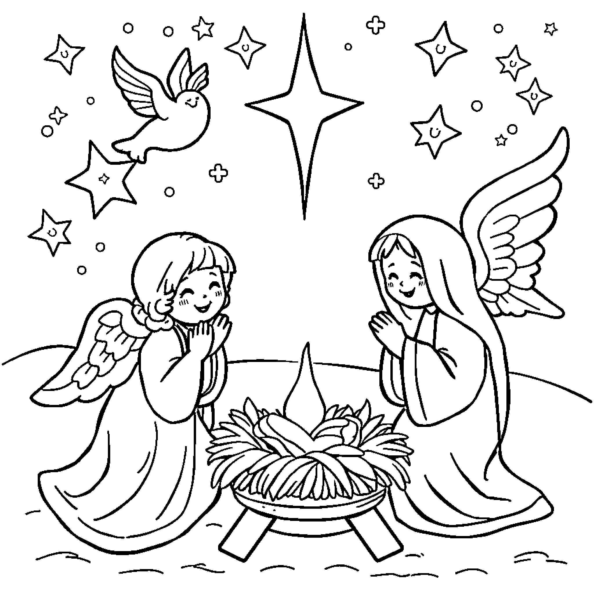 Christmas Nativity Scene with Angels and Stars Coloring Page (free black-and-white line drawing printable PDF for all, from beginners to advanced learners, including children, teens, adults, and seniors)