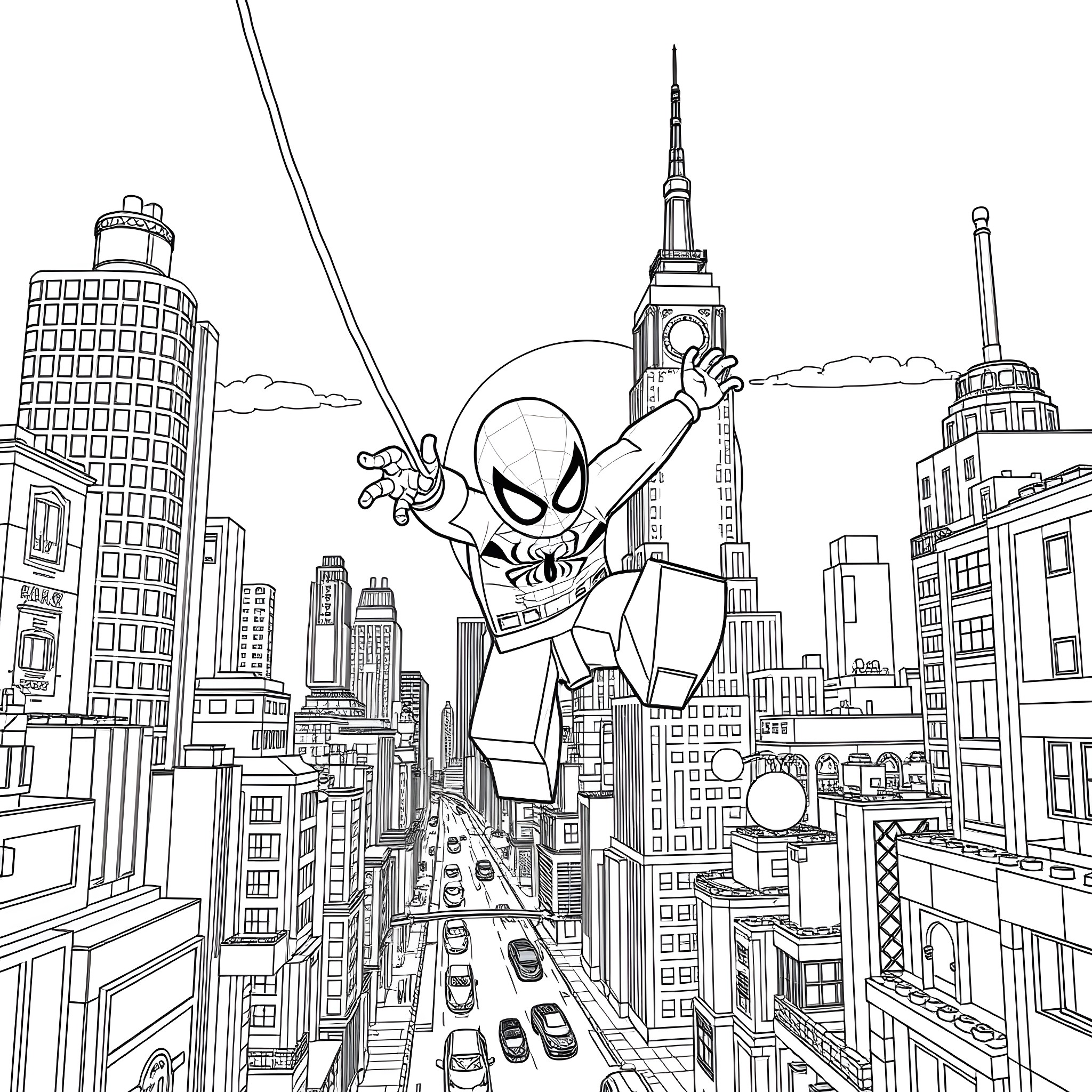 Spider-Man swinging through a vibrant city skyline Coloring Page (free black-and-white line drawing printable PDF for all, from beginners to advanced learners, including children, teens, adults, and seniors)