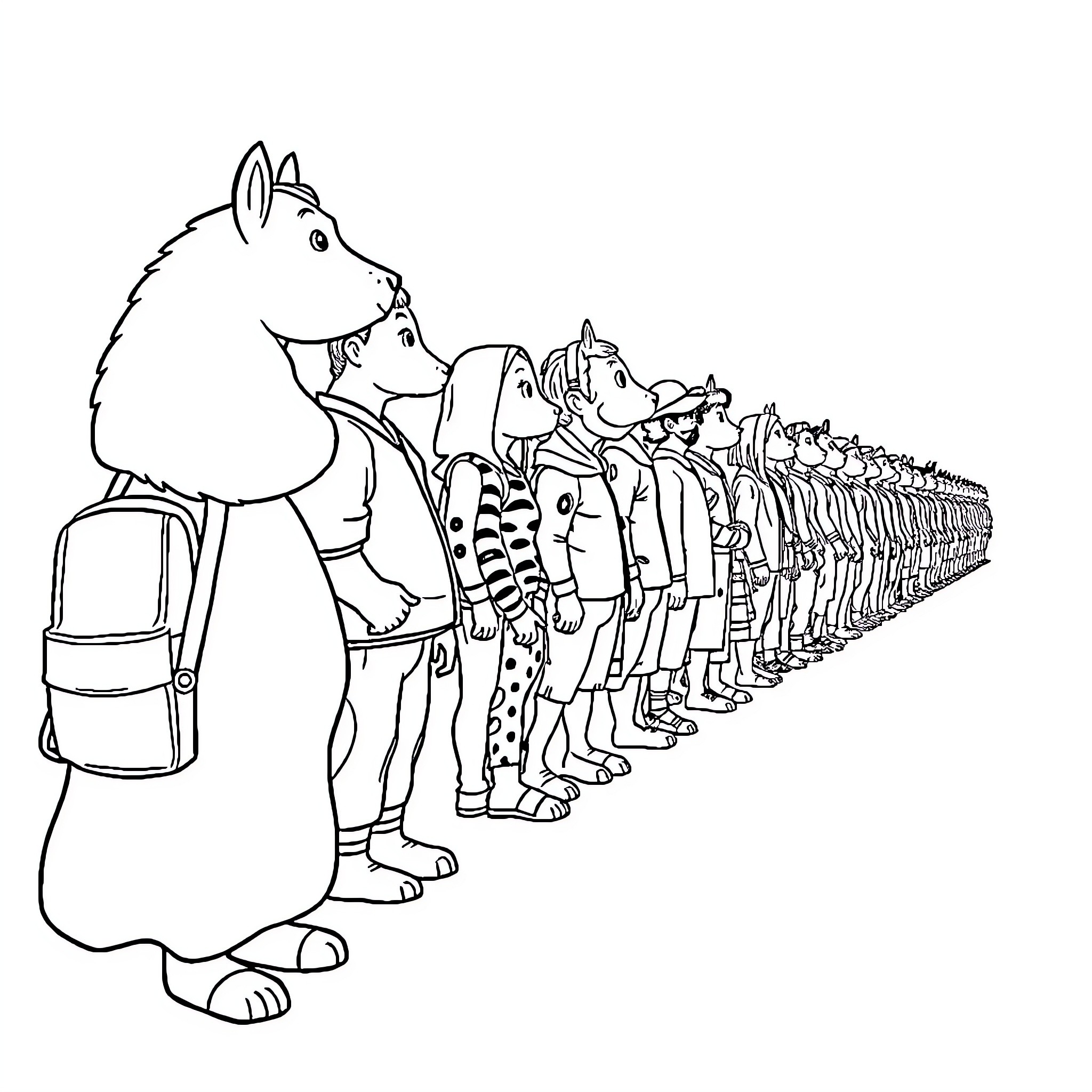 Turn of characters in a line Coloring Page (free black-and-white line drawing printable PDF for all, from beginners to advanced learners, including children, teens, adults, and seniors)