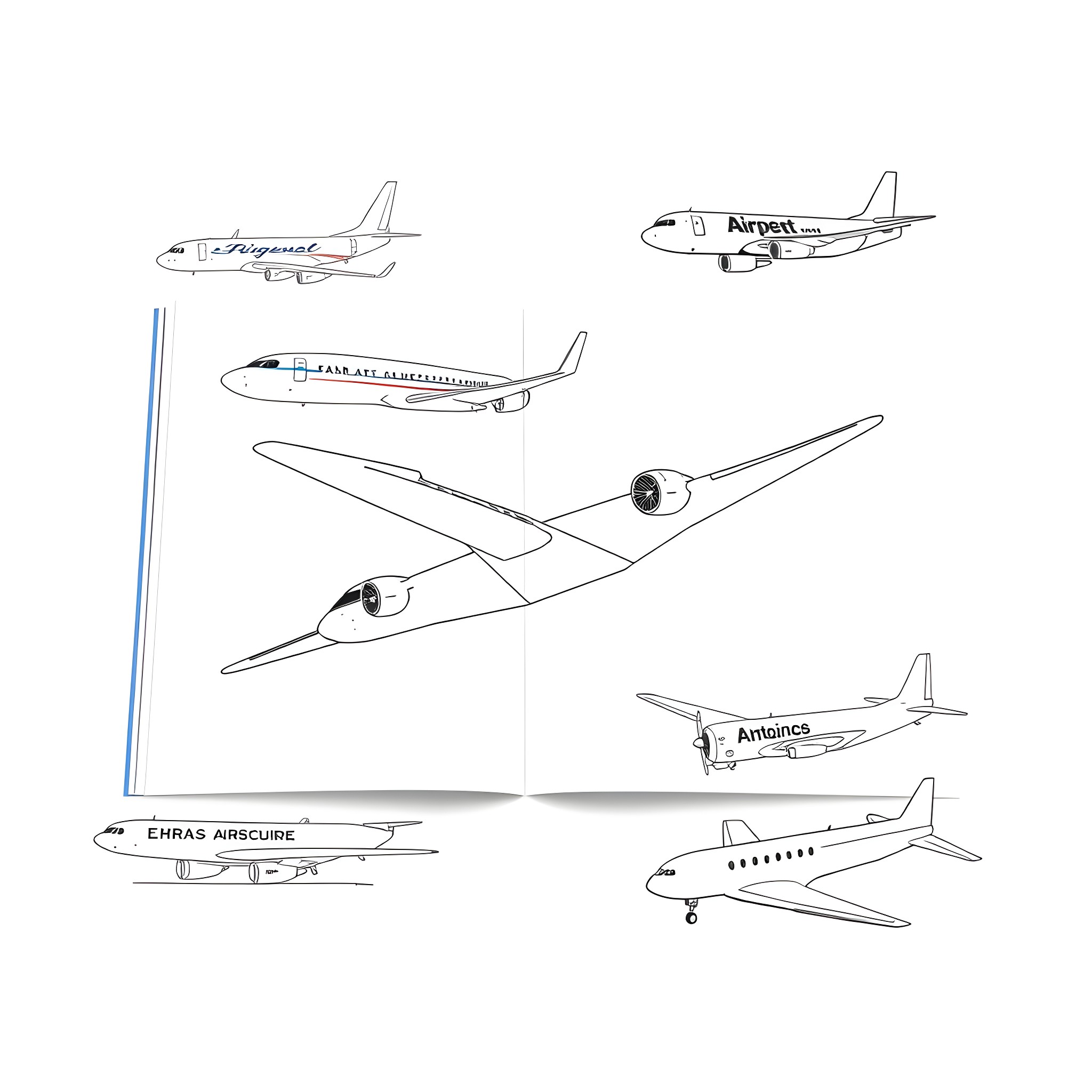 Airplane Drawings of Various Aircraft Designs Coloring Page (free black-and-white line drawing printable PDF for all, from beginners to advanced learners, including children, teens, adults, and seniors)