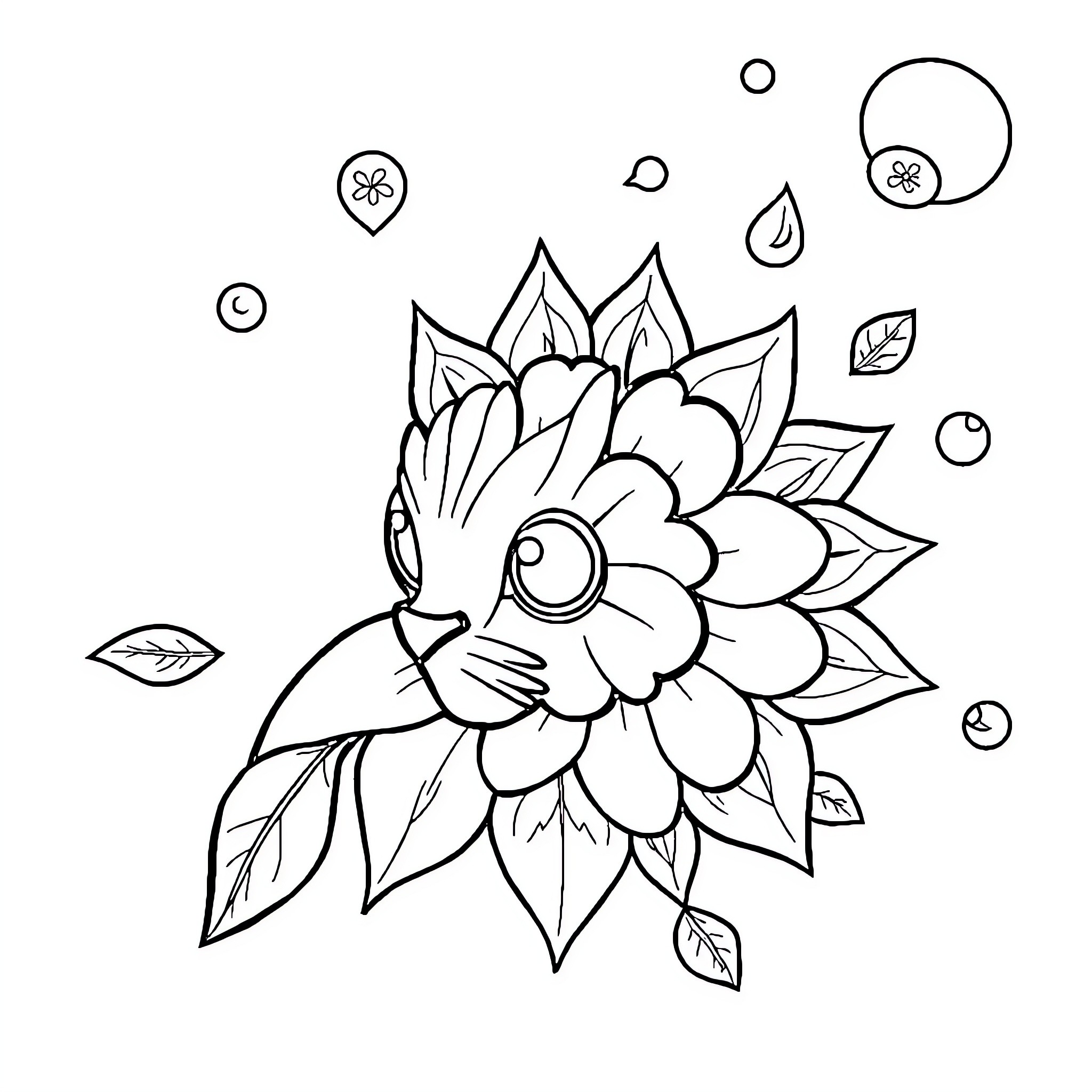 Creative Flower Doodle with Whimsical Elements Coloring Page (free black-and-white line drawing printable PDF for all, from beginners to advanced learners, including children, teens, adults, and seniors)