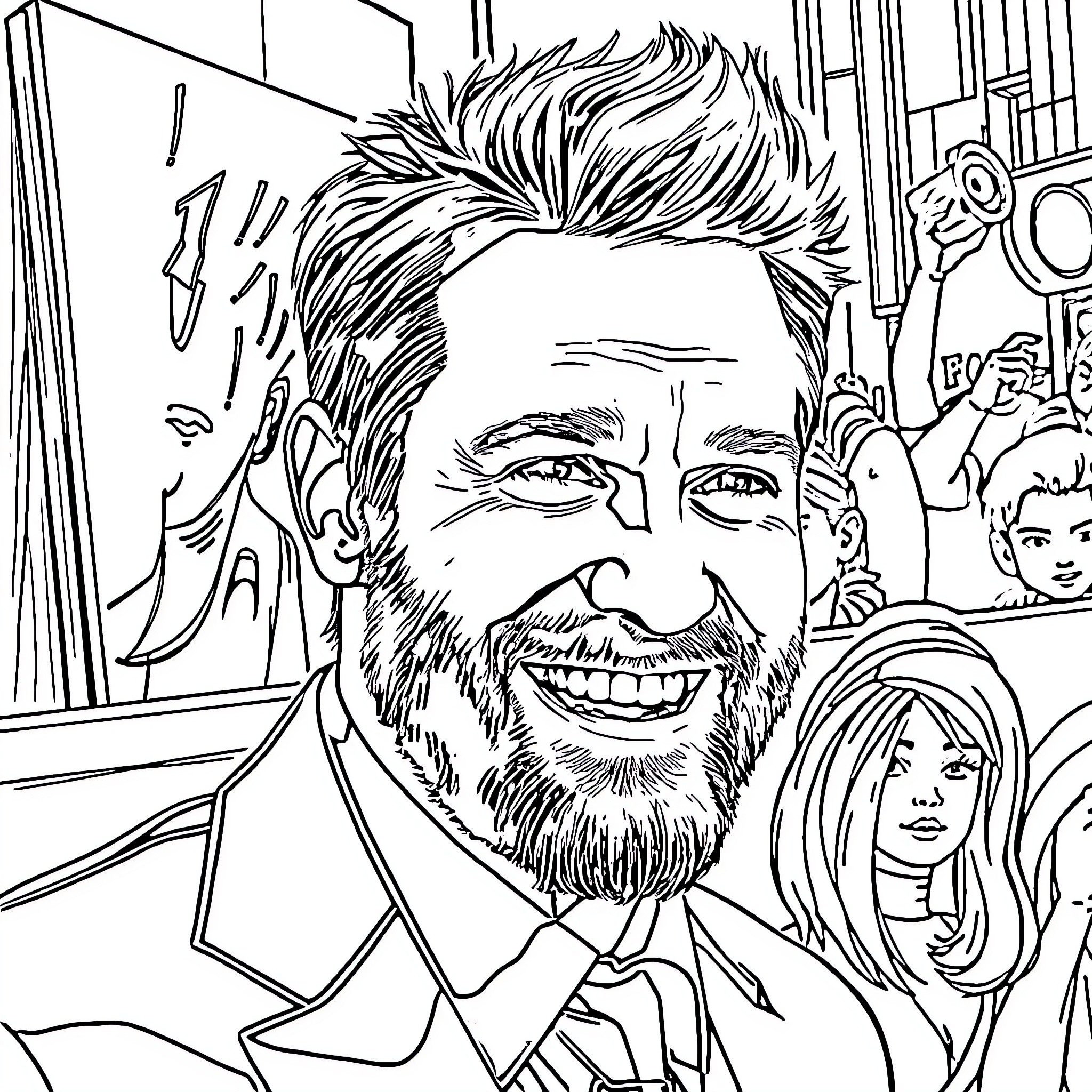Chris Pratt Posing with Fans in a Lively Street Scene Coloring Page (free black-and-white line drawing printable PDF for all, from beginners to advanced learners, including children, teens, adults, and seniors)