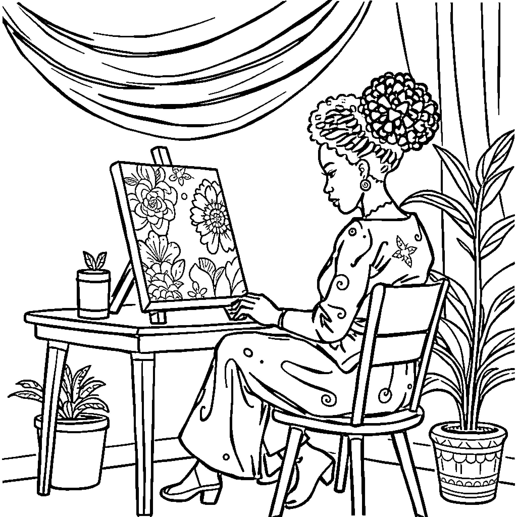Woman painting a floral canvas in a cozy setting Coloring Page (free black-and-white line drawing printable PDF for all, from beginners to advanced learners, including children, teens, adults, and seniors)