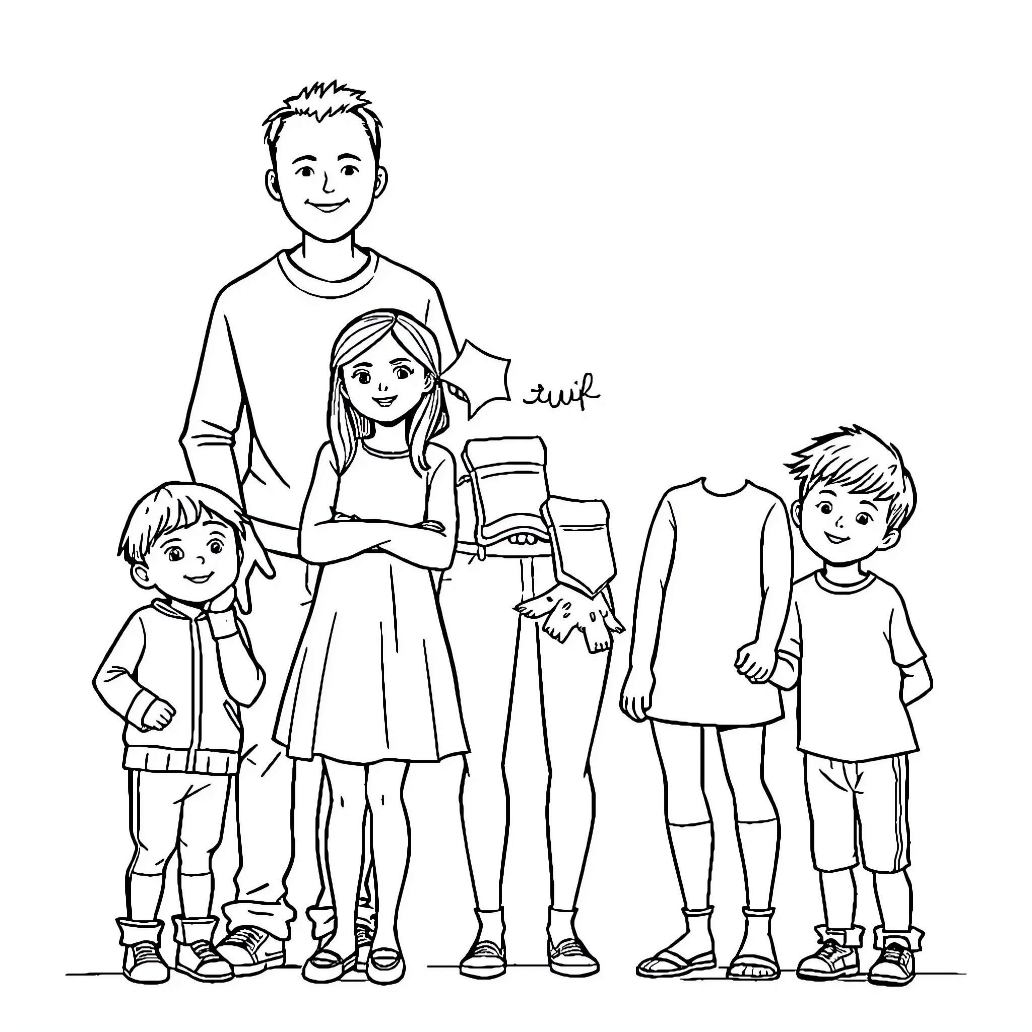 Family enjoying a casual outing together Coloring Page (free black-and-white line drawing printable PDF for all, from beginners to advanced learners, including children, teens, adults, and seniors)