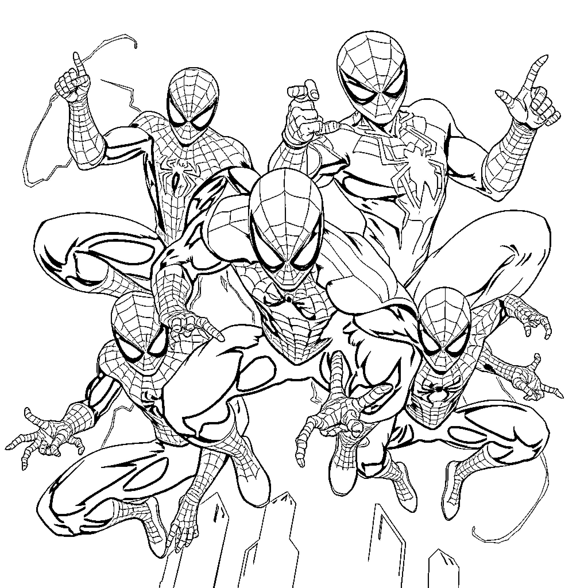 Spider-Man heroes unite in dynamic action Coloring Page (free black-and-white line drawing printable PDF for all, from beginners to advanced learners, including children, teens, adults, and seniors)