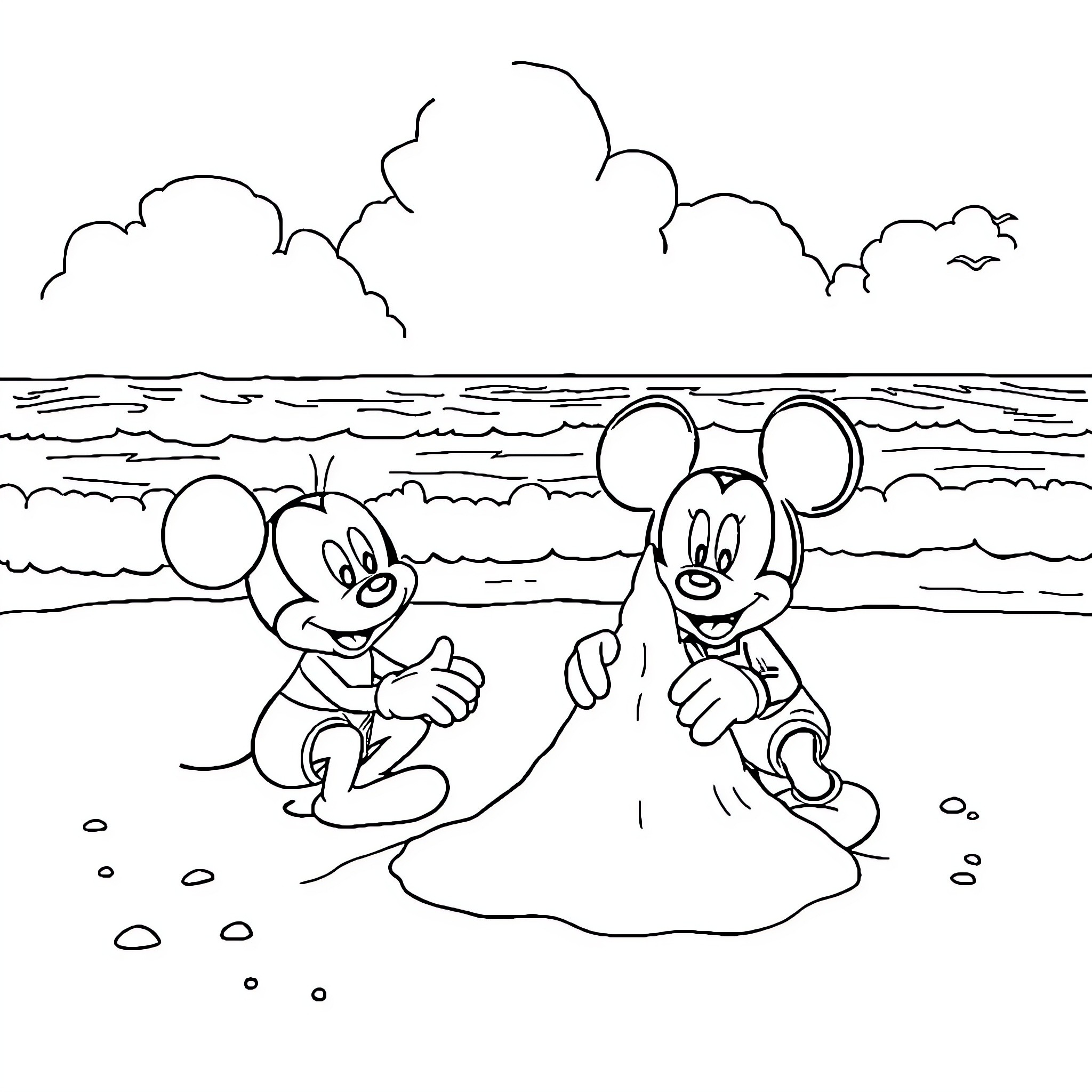 Bluey and friend playing happily at the beach Coloring Page (free black-and-white line drawing printable PDF for all, from beginners to advanced learners, including children, teens, adults, and seniors)
