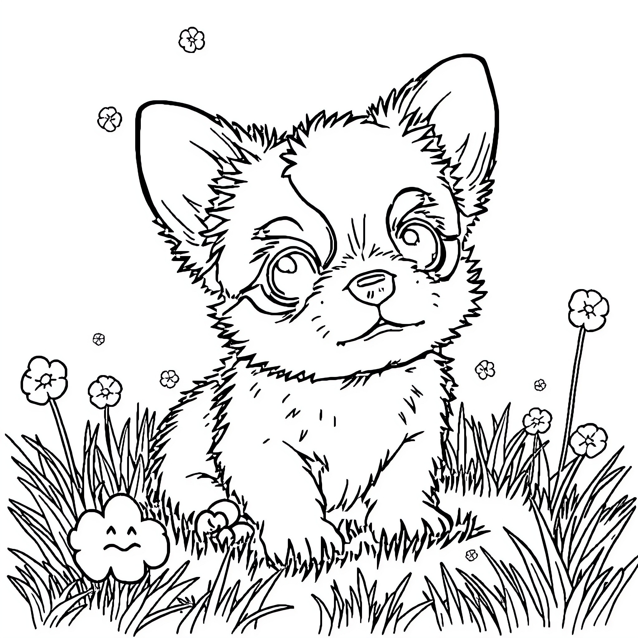 Chien curious exploring the field of flowers Coloring Page (free black-and-white line drawing printable PDF for all, from beginners to advanced learners, including children, teens, adults, and seniors)