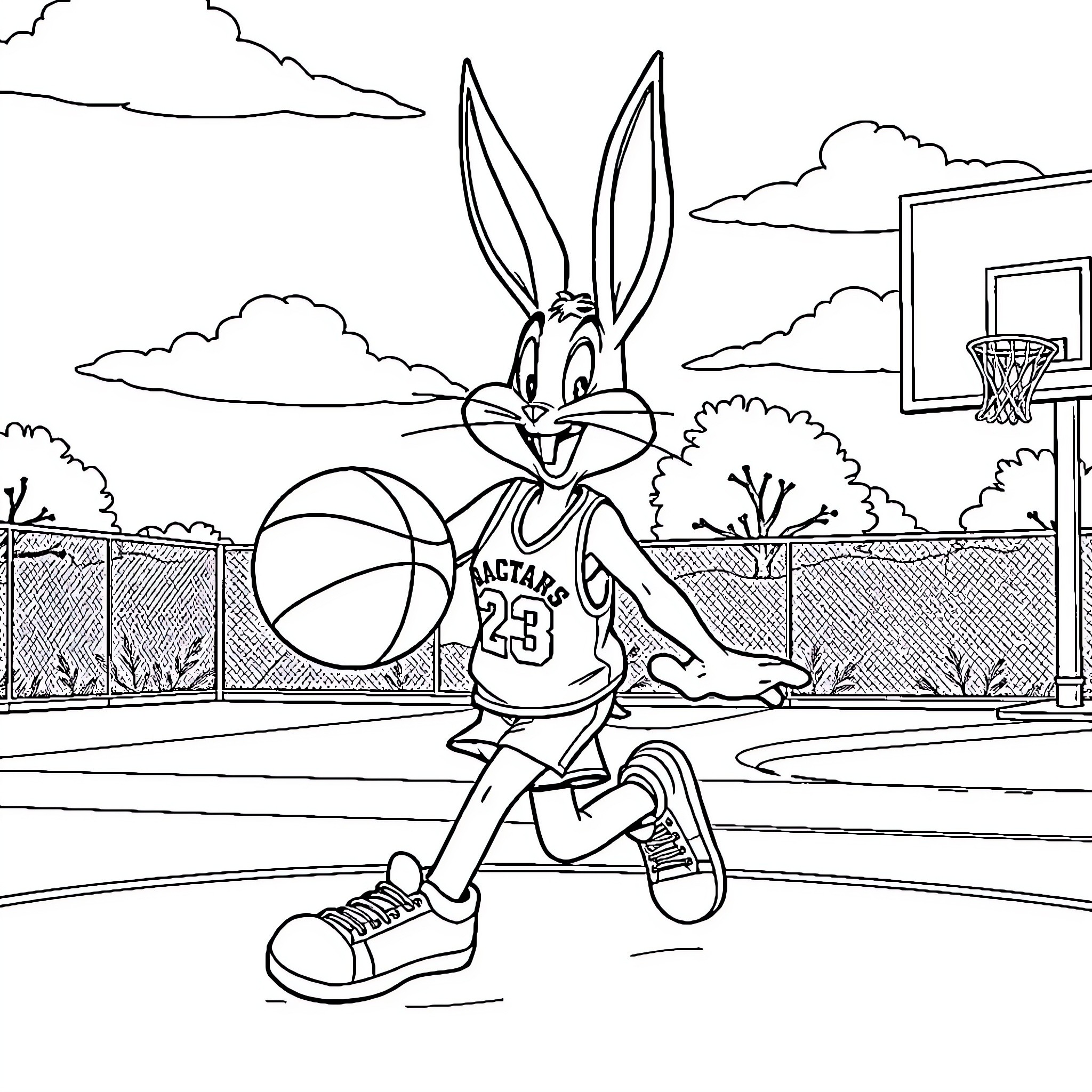 Bugs Bunny playing basketball on the court Coloring Page (free black-and-white line drawing printable PDF for all, from beginners to advanced learners, including children, teens, adults, and seniors)
