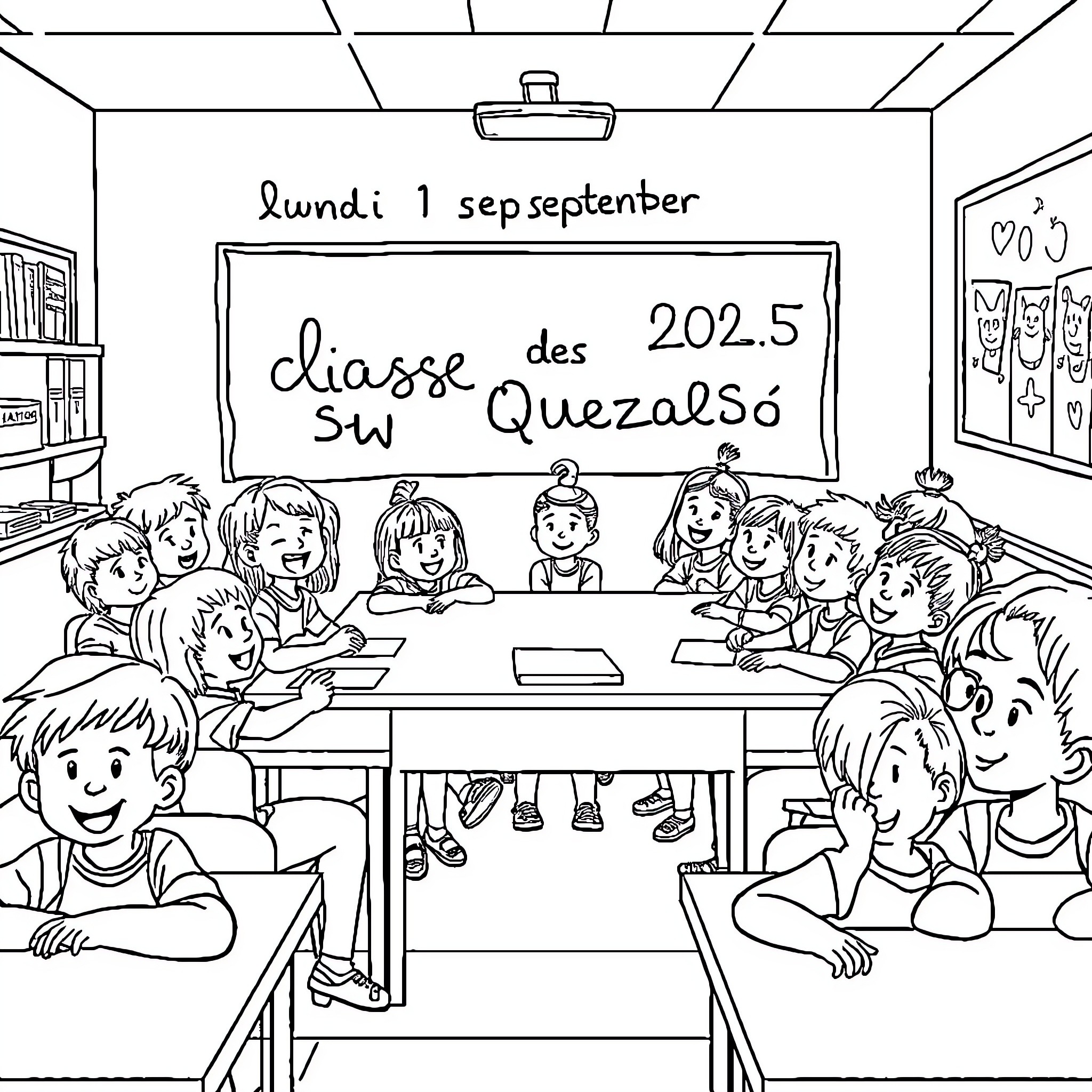 Class of students engaged in classroom activities Coloring Page (free black-and-white line drawing printable PDF for all, from beginners to advanced learners, including children, teens, adults, and seniors)