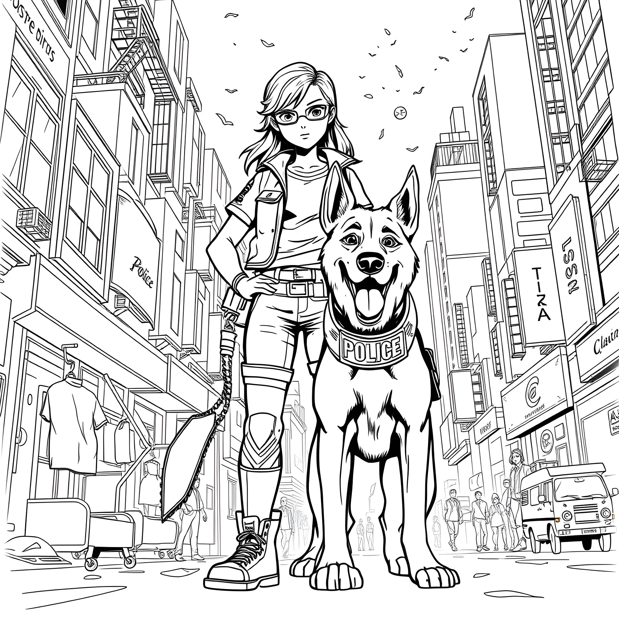 Teen Girl with Police Dog in the City Coloring Page (free black-and-white line drawing printable PDF for all, from beginners to advanced learners, including children, teens, adults, and seniors)