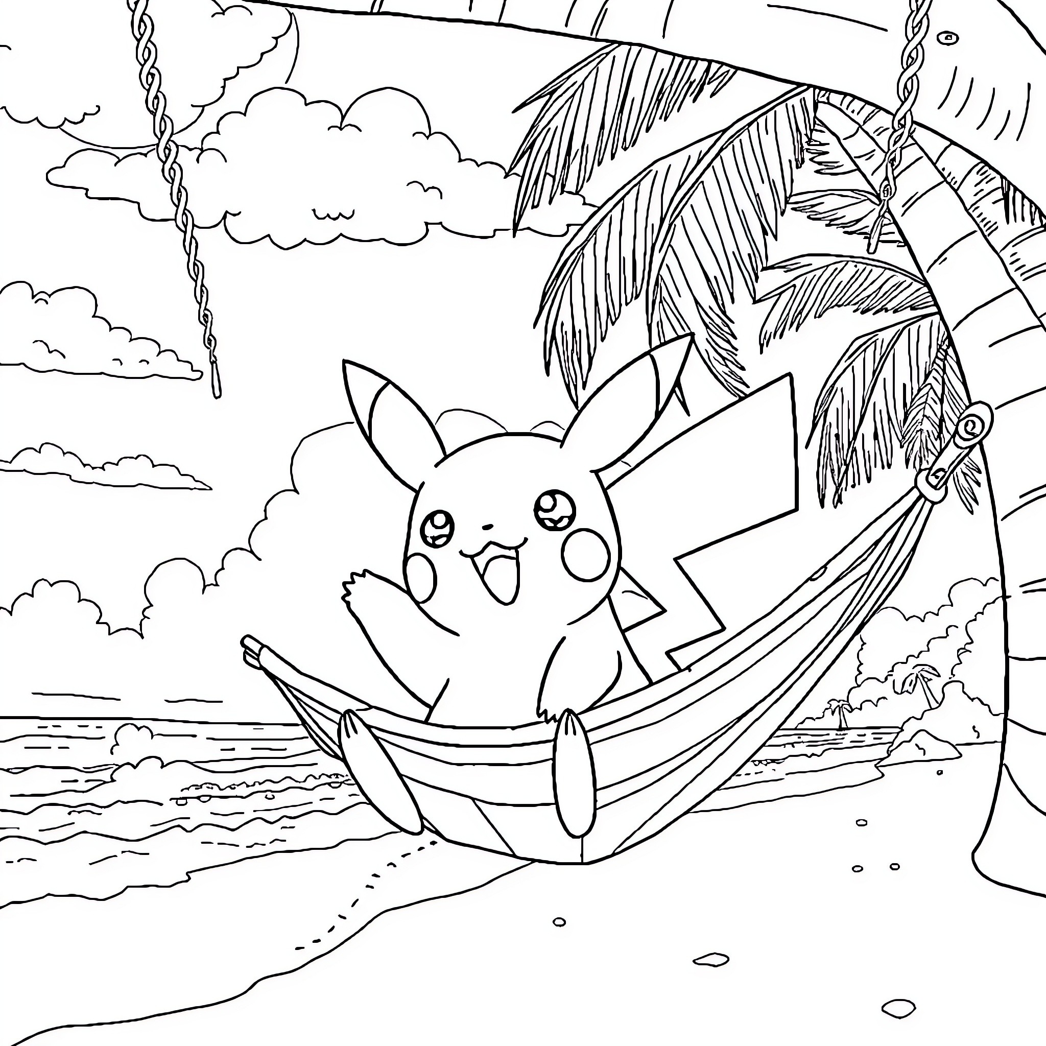 Pikachu relaxing on a tropical hammock Coloring Page (free black-and-white line drawing printable PDF for all, from beginners to advanced learners, including children, teens, adults, and seniors)