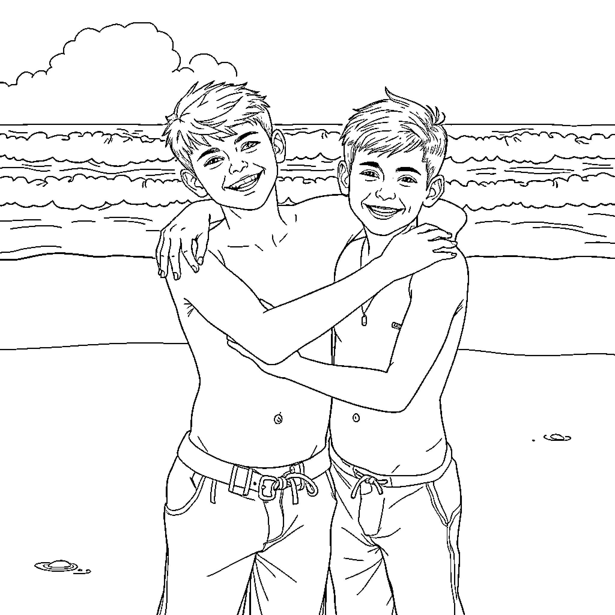 Boys playing joyfully at the beach Coloring Page (free black-and-white line drawing printable PDF for all, from beginners to advanced learners, including children, teens, adults, and seniors)