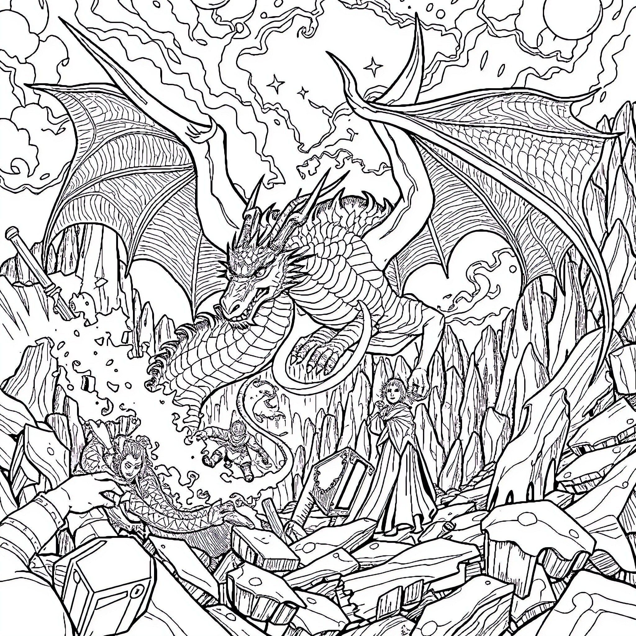Fantasy Dragon Soaring Above Fantastical Landscape Coloring Page (free black-and-white line drawing printable PDF for all, from beginners to advanced learners, including children, teens, adults, and seniors)