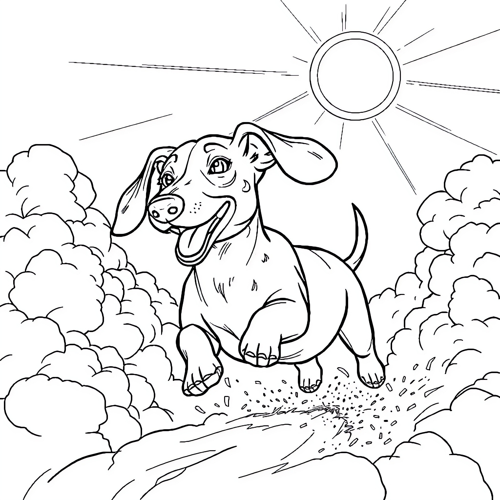 Dachshund frolicking in the sunny outdoors Coloring Page (free black-and-white line drawing printable PDF for all, from beginners to advanced learners, including children, teens, adults, and seniors)