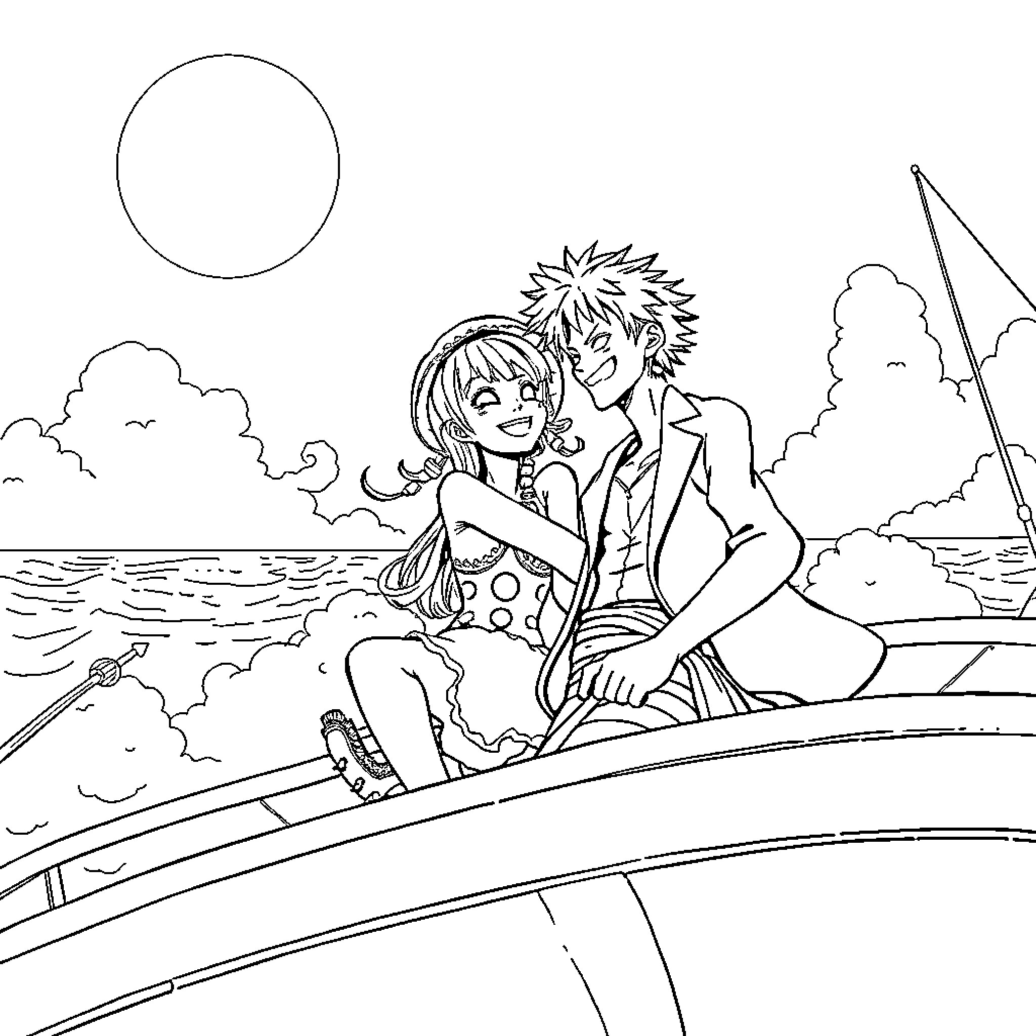 Nami and Natsu enjoying a romantic moment on the beach Coloring Page (free black-and-white line drawing printable PDF for all, from beginners to advanced learners, including children, teens, adults, and seniors)