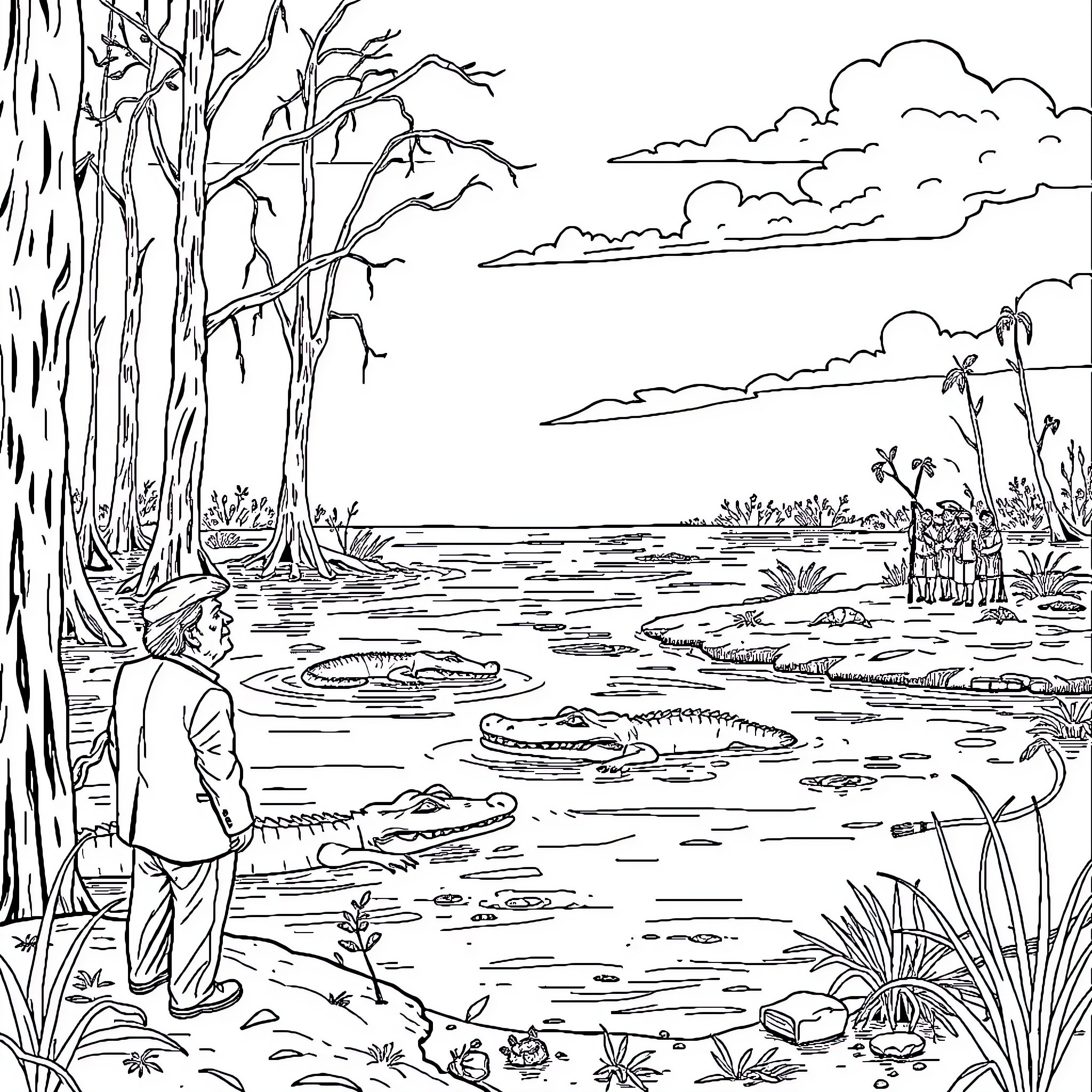 Donald Trump Surveys a Swampy Landscape Coloring Page (free black-and-white line drawing printable PDF for all, from beginners to advanced learners, including children, teens, adults, and seniors)