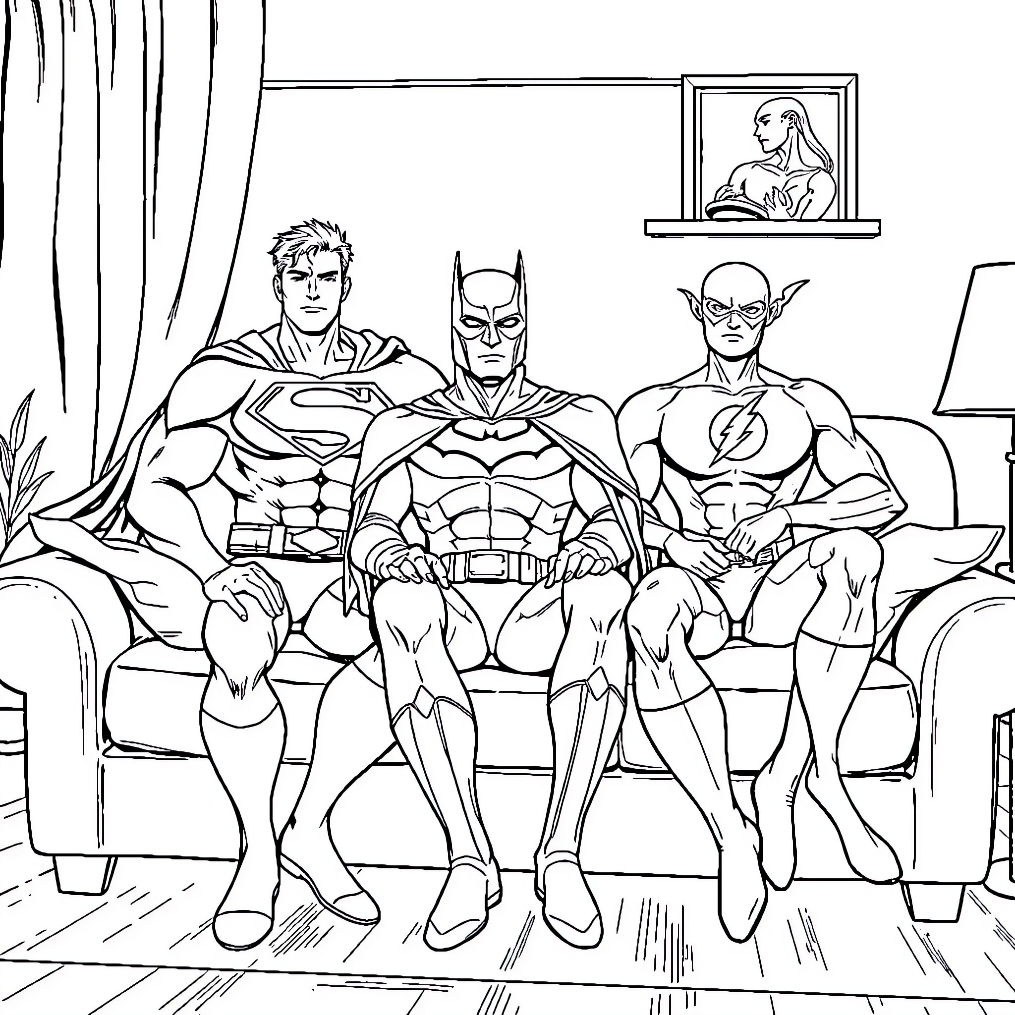 Superman, Batman, and The Flash posing together Coloring Page (free black-and-white line drawing printable PDF for all, from beginners to advanced learners, including children, teens, adults, and seniors)
