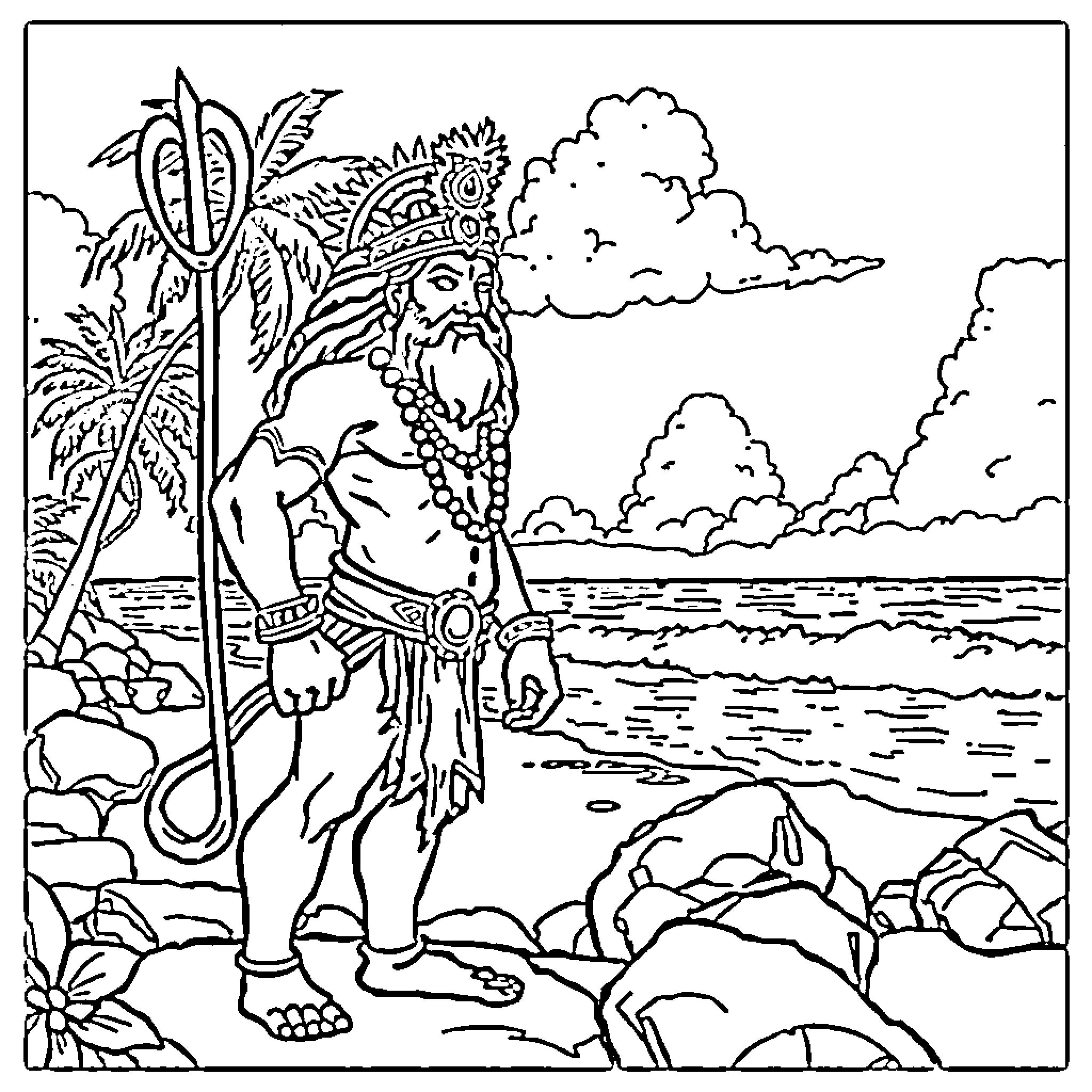 Hanuman, the Mighty Monkey God, Stands Triumphant on the Seashore Coloring Page (free black-and-white line drawing printable PDF for all, from beginners to advanced learners, including children, teens, adults, and seniors)