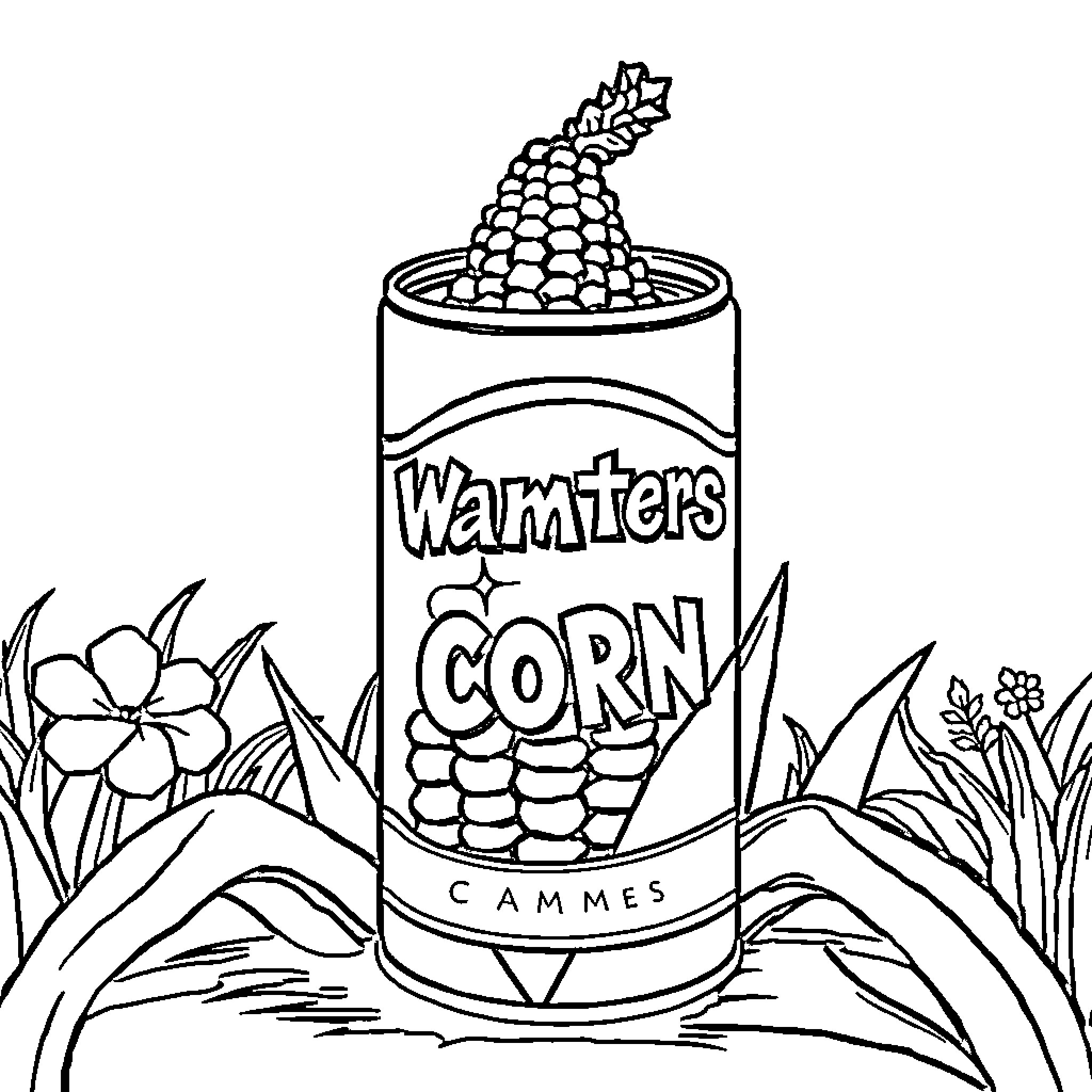 Corn in a can surrounded by nature Coloring Page (free black-and-white line drawing printable PDF for all, from beginners to advanced learners, including children, teens, adults, and seniors)