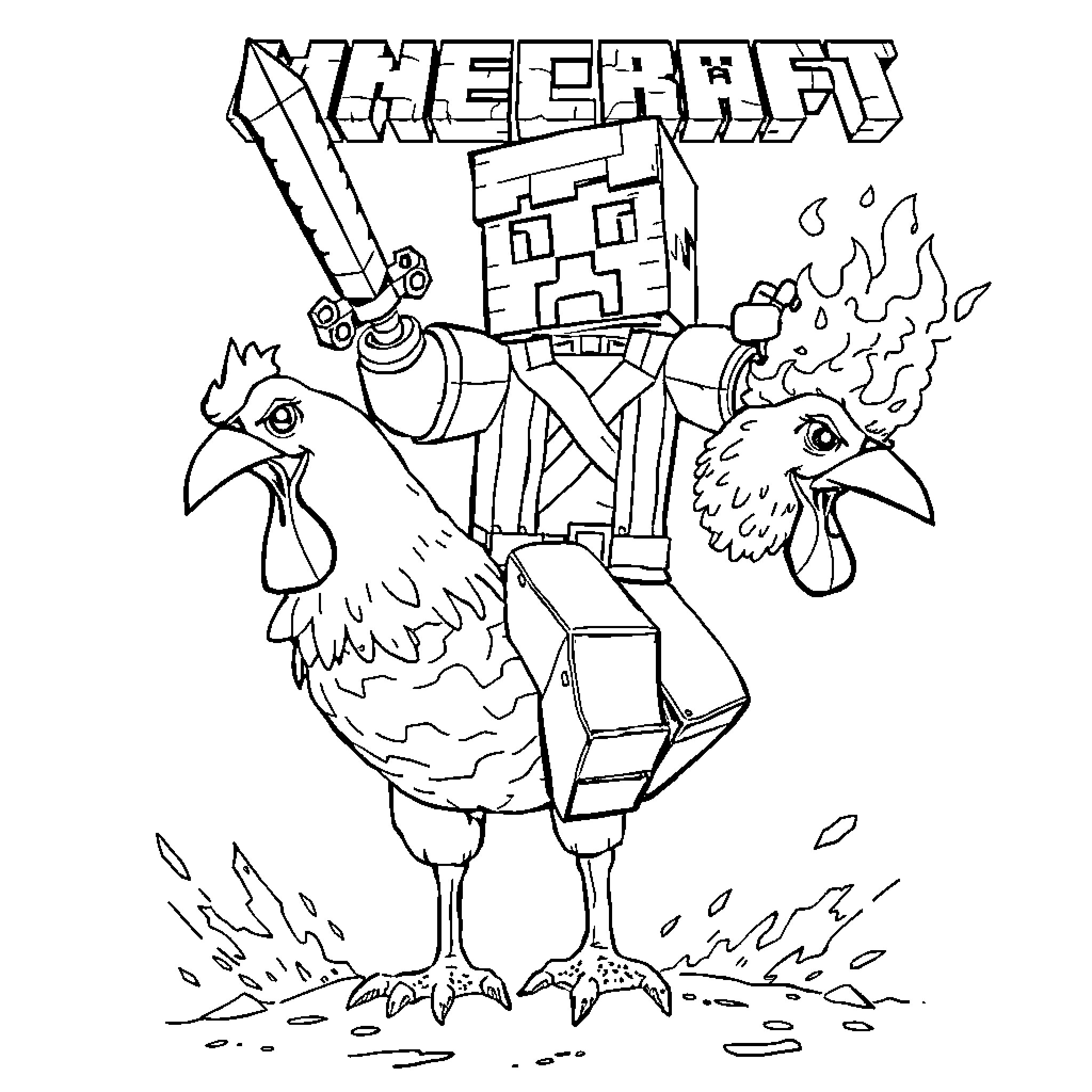 Minecraft Steve and his chicken companion Coloring Page (free black-and-white line drawing printable PDF for all, from beginners to advanced learners, including children, teens, adults, and seniors)