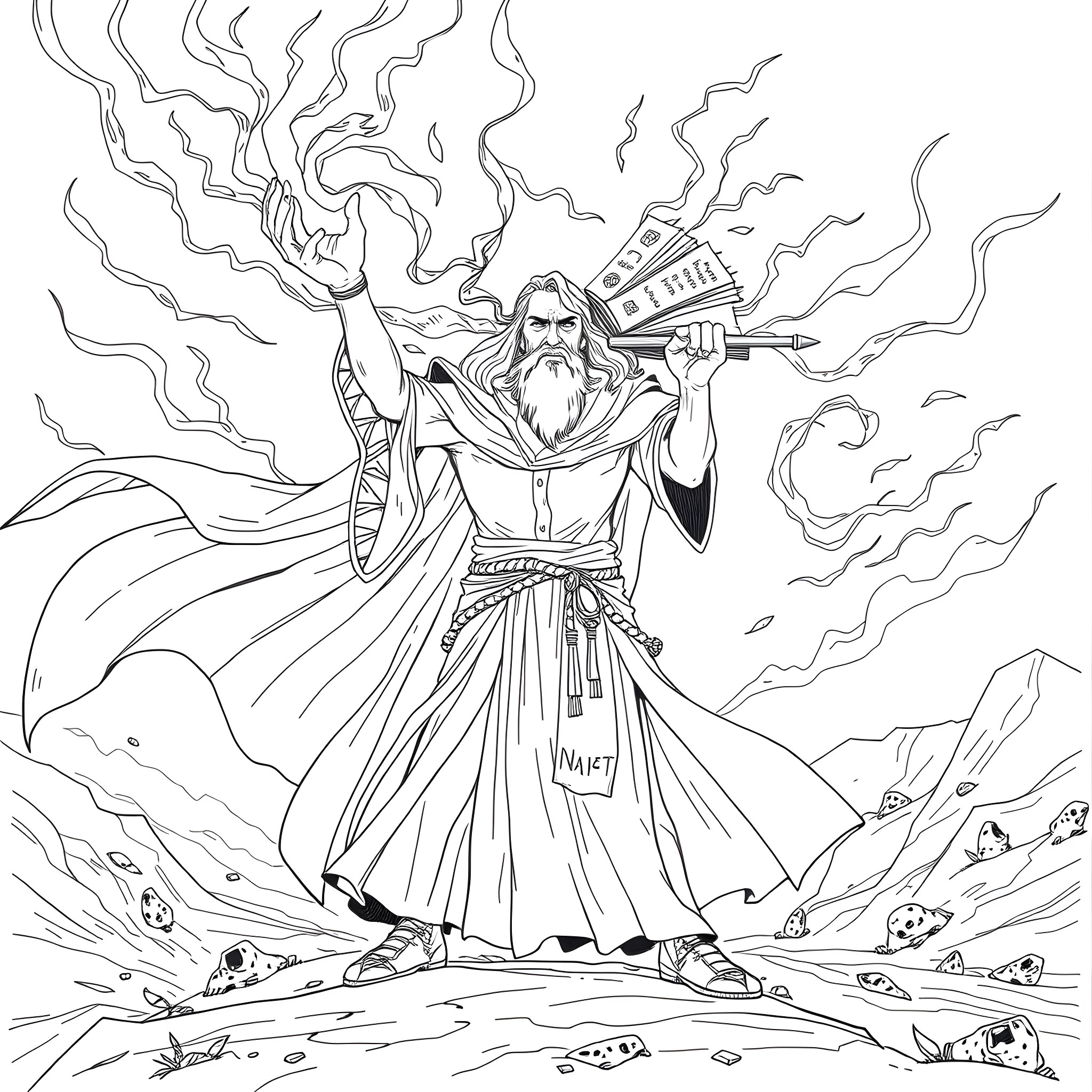 Teacher casting a powerful spell in a mystic landscape Coloring Page (free black-and-white line drawing printable PDF for all, from beginners to advanced learners, including children, teens, adults, and seniors)