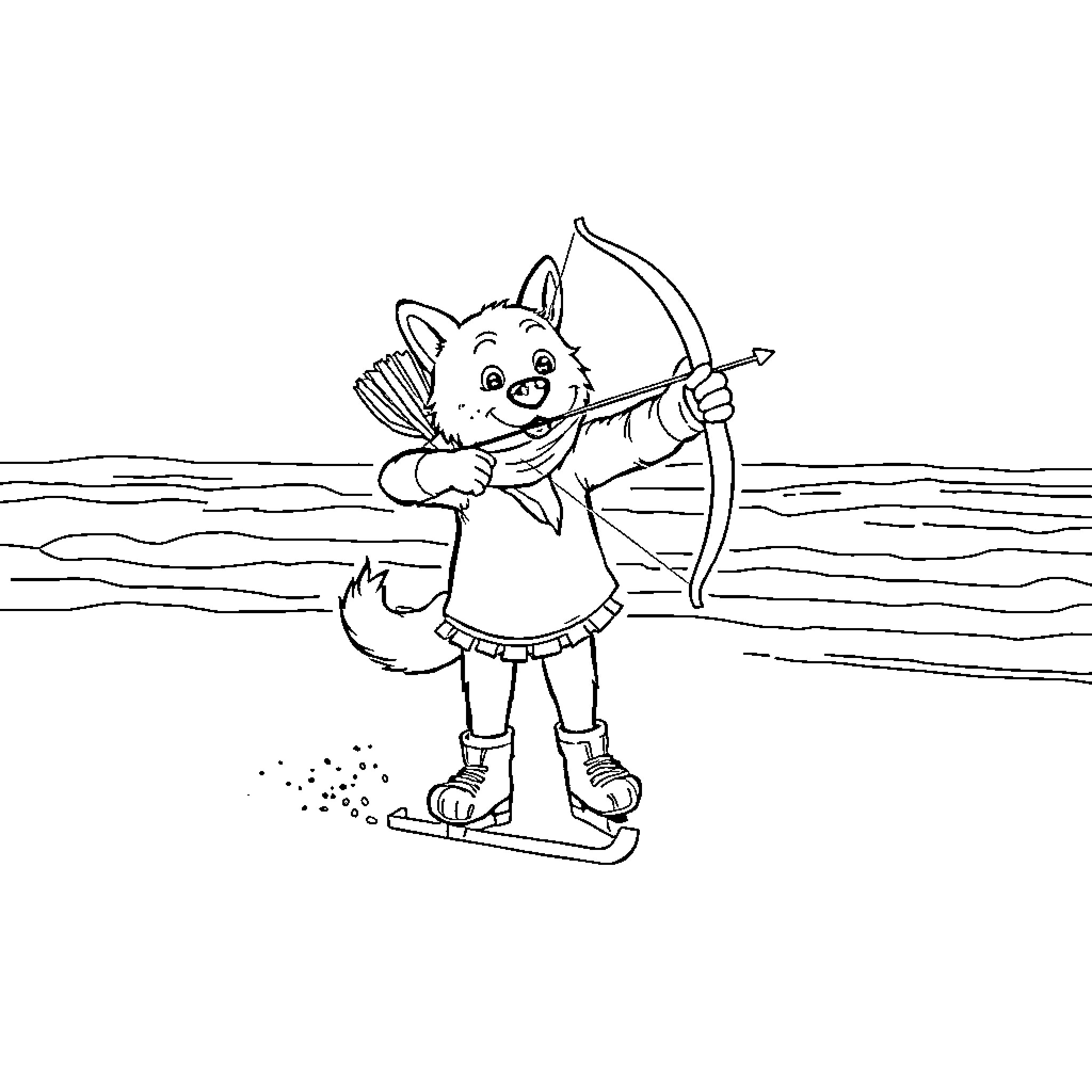 Dog playing with bow and arrow on snowy field Coloring Page (free black-and-white line drawing printable PDF for all, from beginners to advanced learners, including children, teens, adults, and seniors)