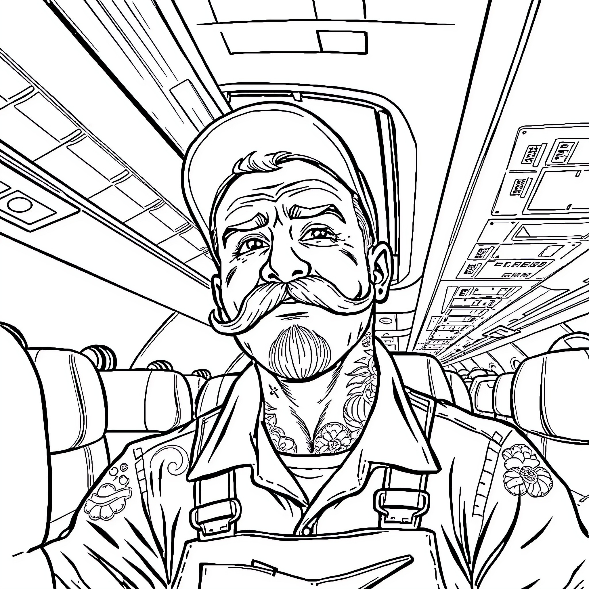 Airplane Mechanic Fixing Plane in Cockpit Coloring Page (free black-and-white line drawing printable PDF for all, from beginners to advanced learners, including children, teens, adults, and seniors)