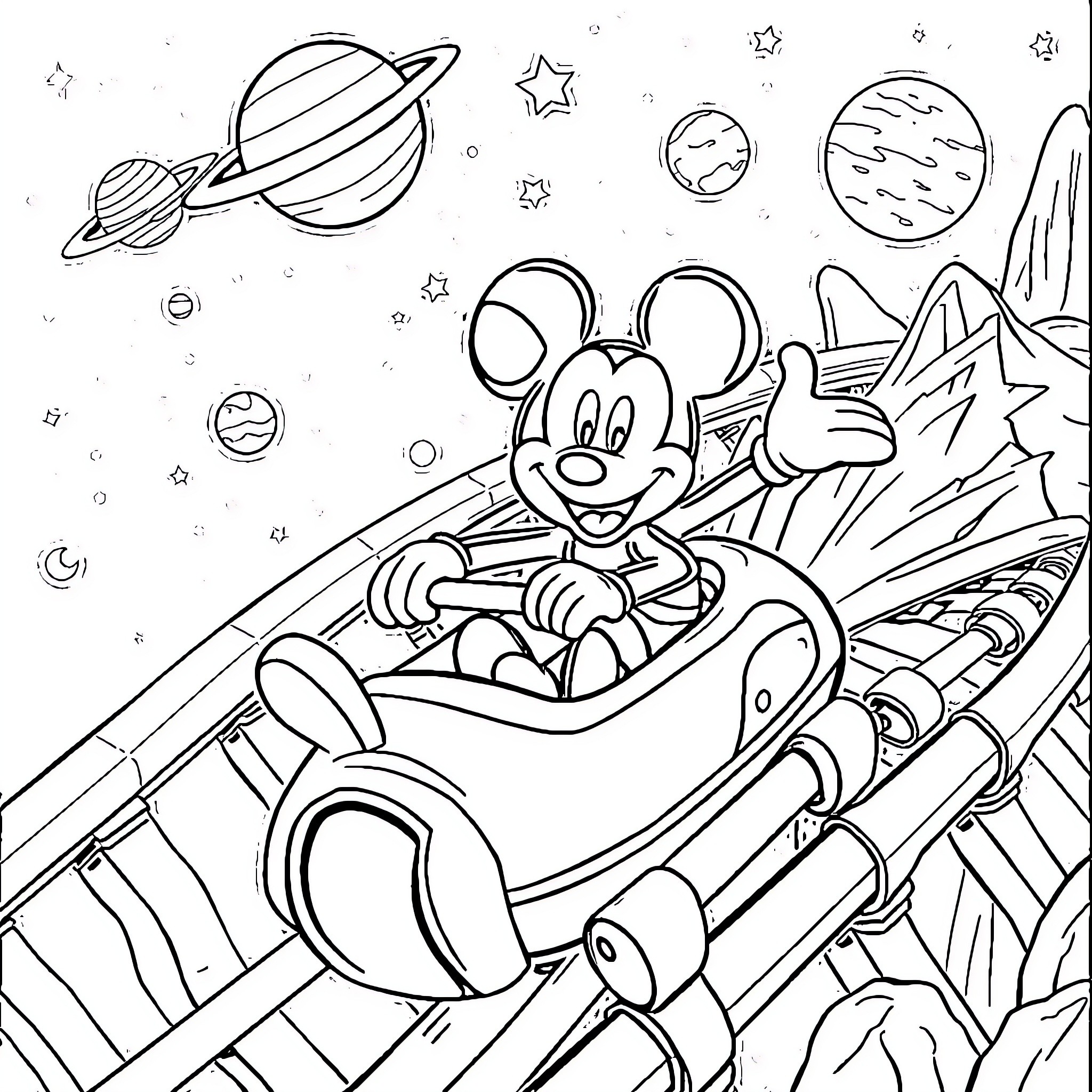 Mickey Exploring the Cosmic Space Adventure Coloring Page (free black-and-white line drawing printable PDF for all, from beginners to advanced learners, including children, teens, adults, and seniors)
