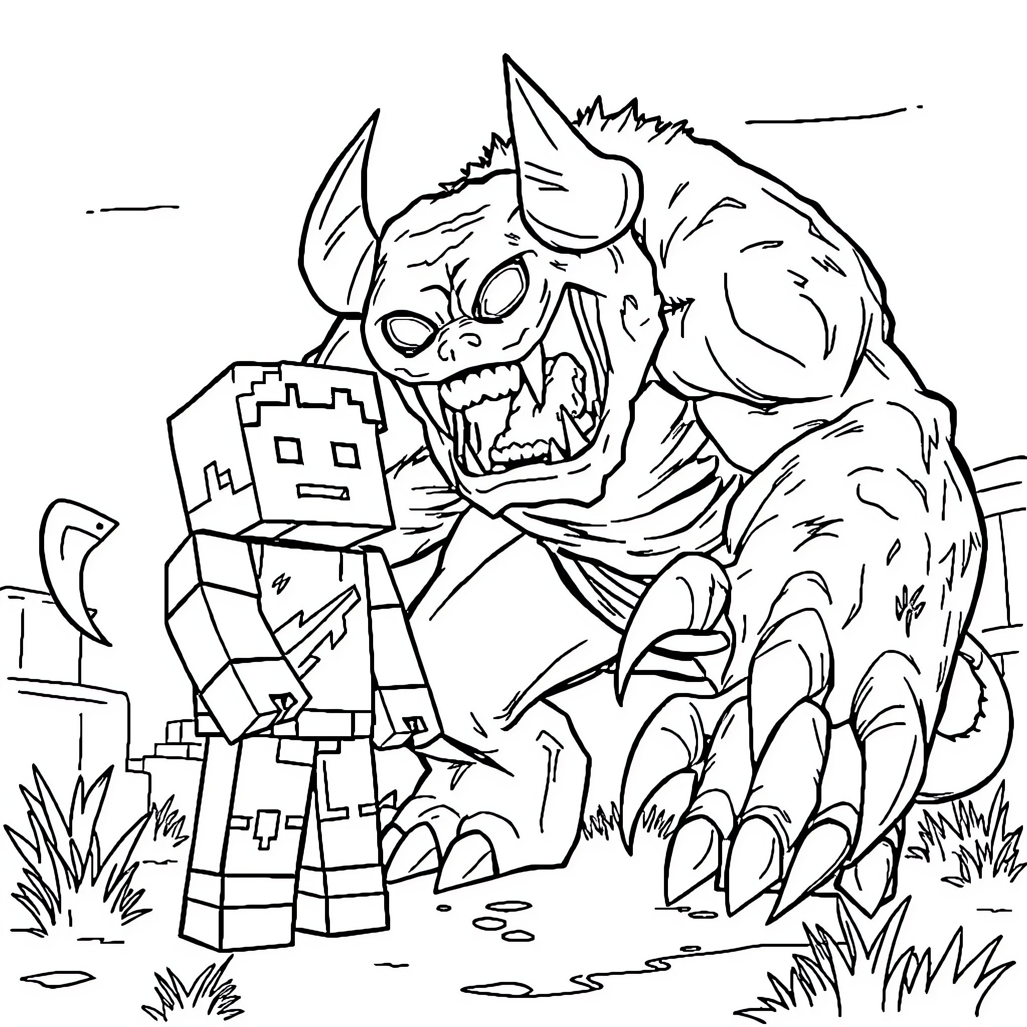 Minecraft Steve faces off against a fearsome monster Coloring Page (free black-and-white line drawing printable PDF for all, from beginners to advanced learners, including children, teens, adults, and seniors)