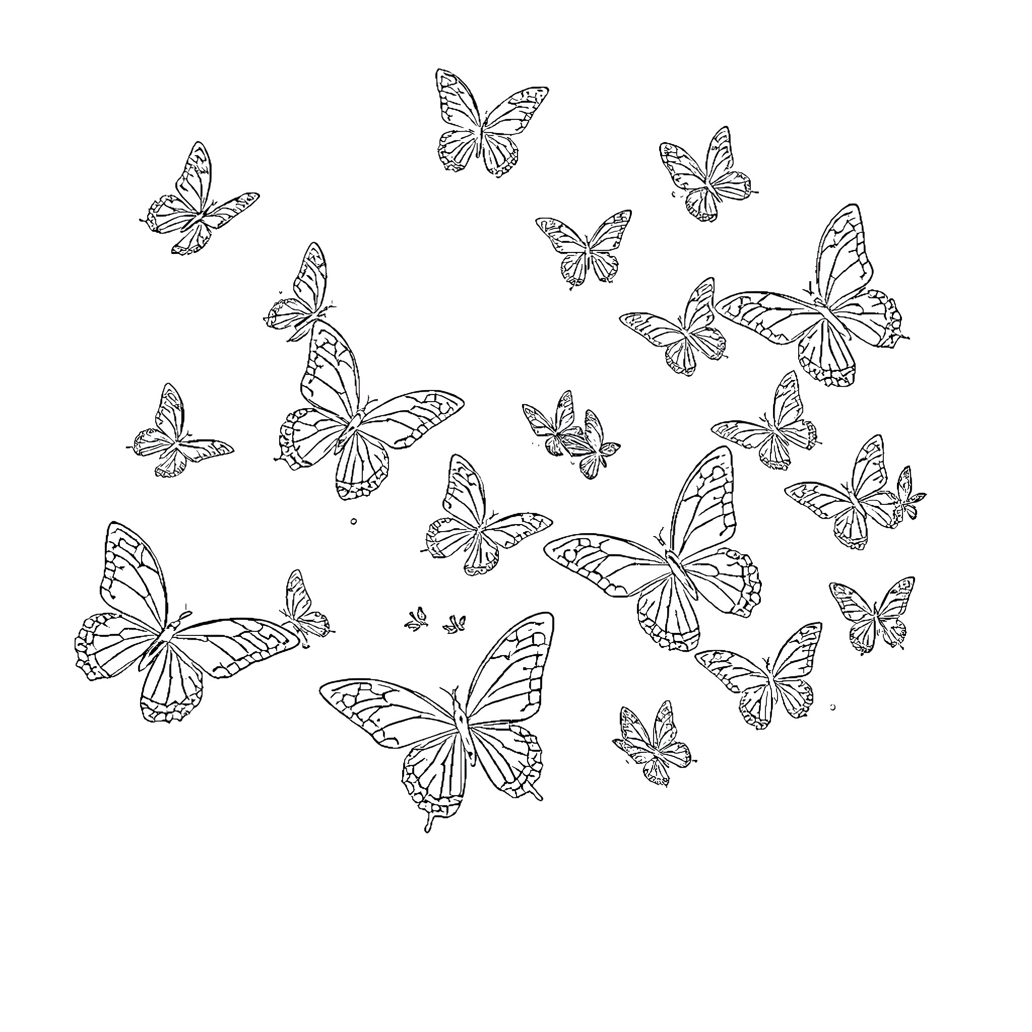 Butterfly Swarm in Flight Coloring Page (free black-and-white line drawing printable PDF for all, from beginners to advanced learners, including children, teens, adults, and seniors)