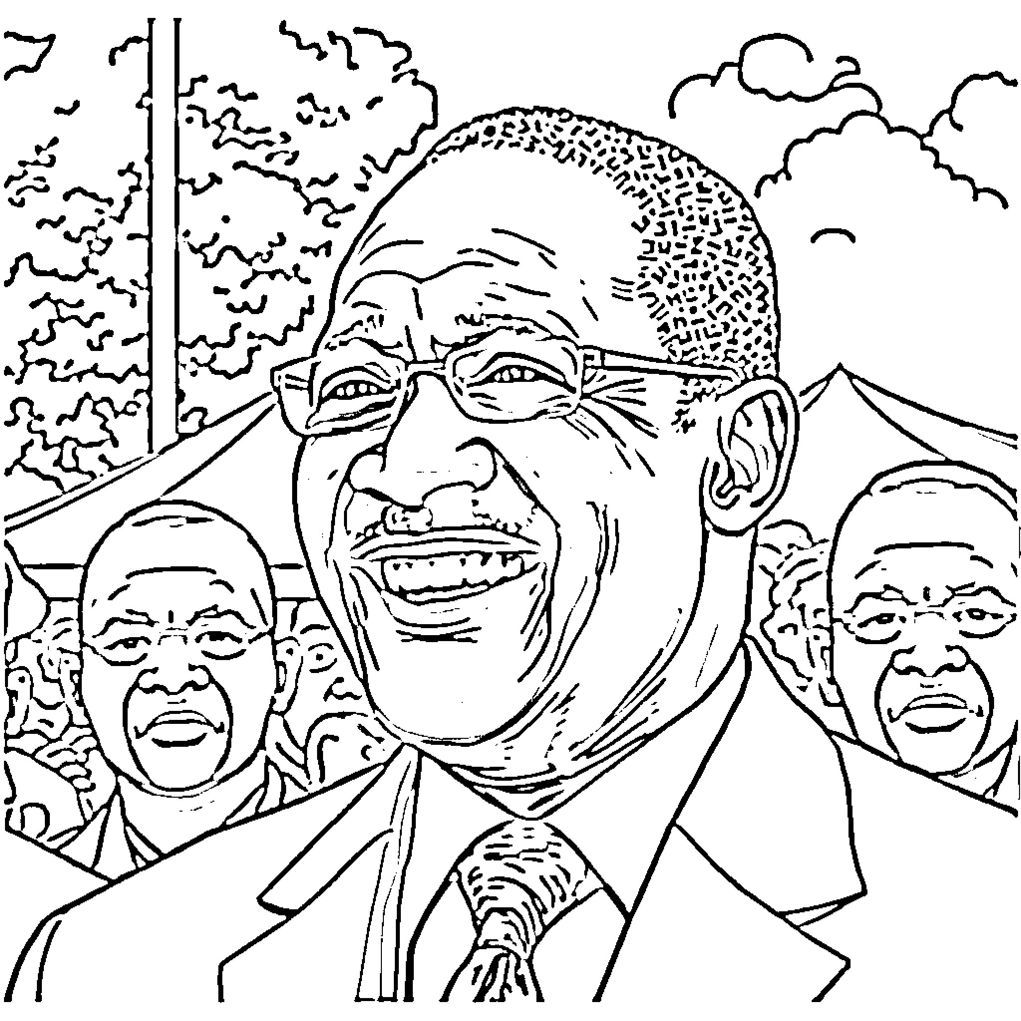 Paul Biya among people in a crowd Coloring Page (free black-and-white line drawing printable PDF for all, from beginners to advanced learners, including children, teens, adults, and seniors)