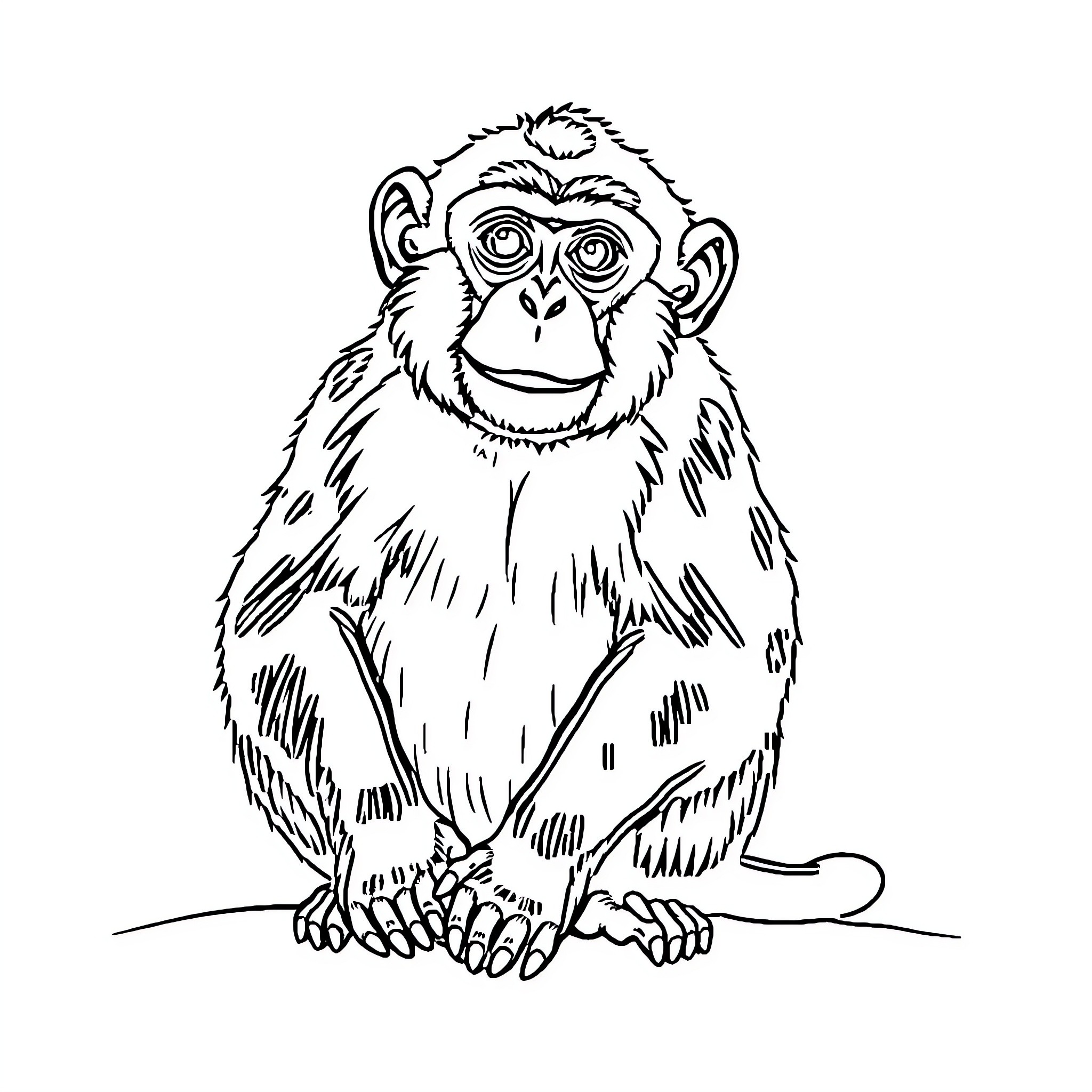 Monkey with curious expression Coloring Page (free black-and-white line drawing printable PDF for all, from beginners to advanced learners, including children, teens, adults, and seniors)