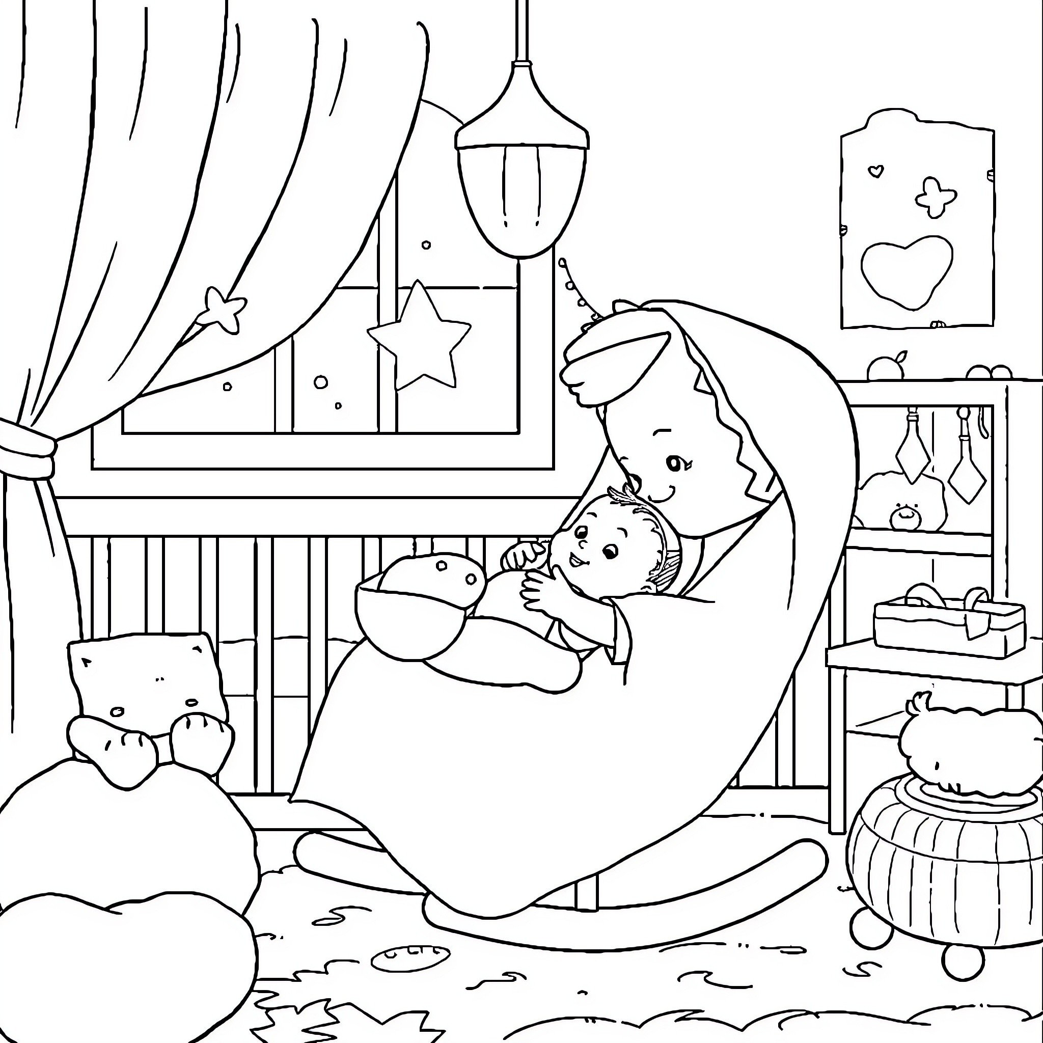 Baby sleeping peacefully in the crib Coloring Page (free black-and-white line drawing printable PDF for all, from beginners to advanced learners, including children, teens, adults, and seniors)