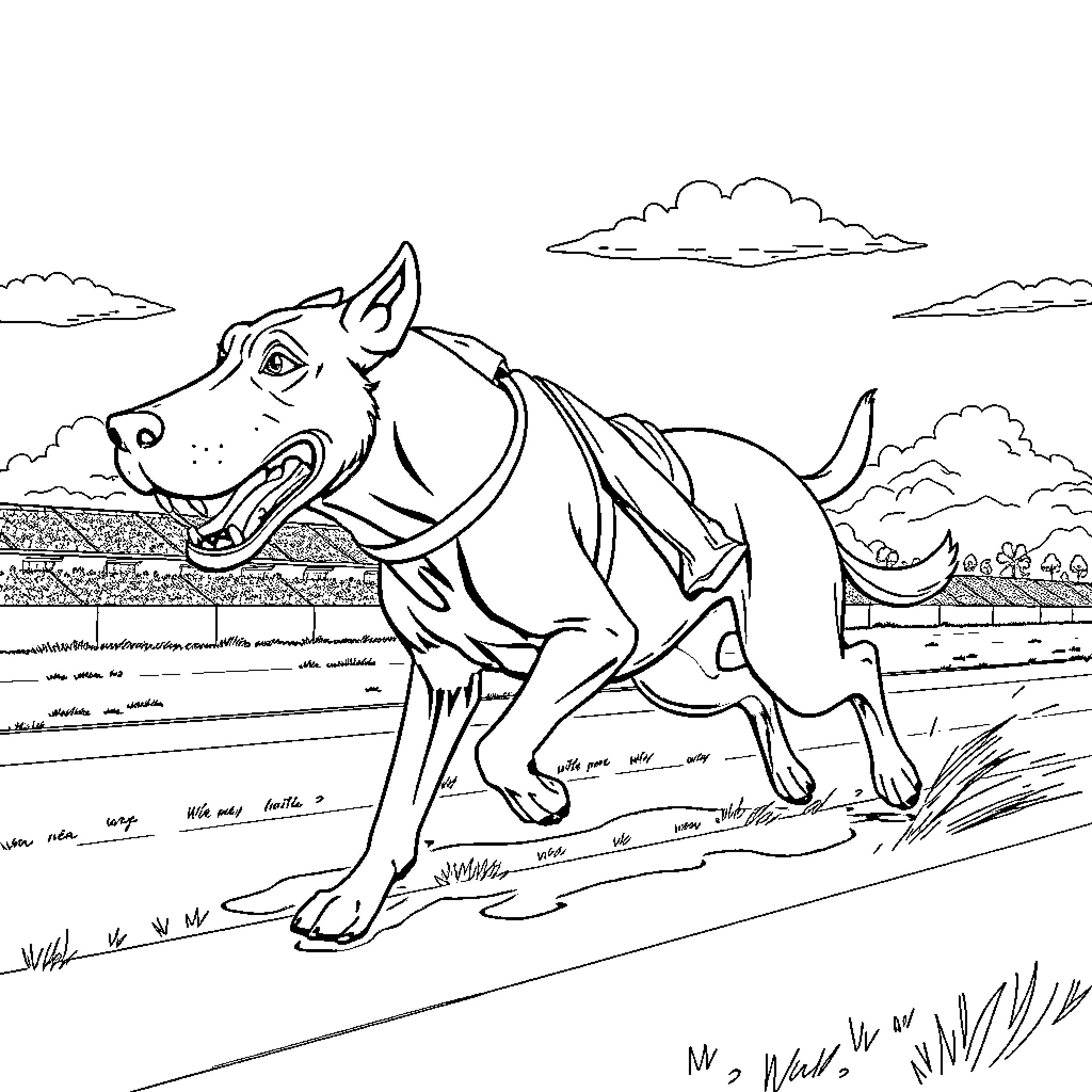 Euripides' Playful Canine in the Countryside Coloring Page (free black-and-white line drawing printable PDF for all, from beginners to advanced learners, including children, teens, adults, and seniors)