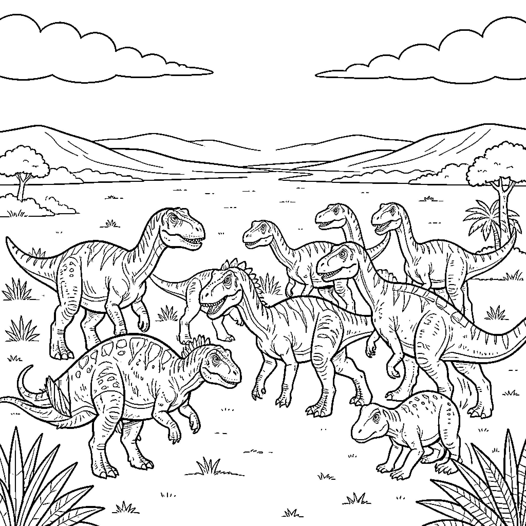 Dinosaur herd wandering through a vast prehistoric landscape Coloring Page (free black-and-white line drawing printable PDF for all, from beginners to advanced learners, including children, teens, adults, and seniors)